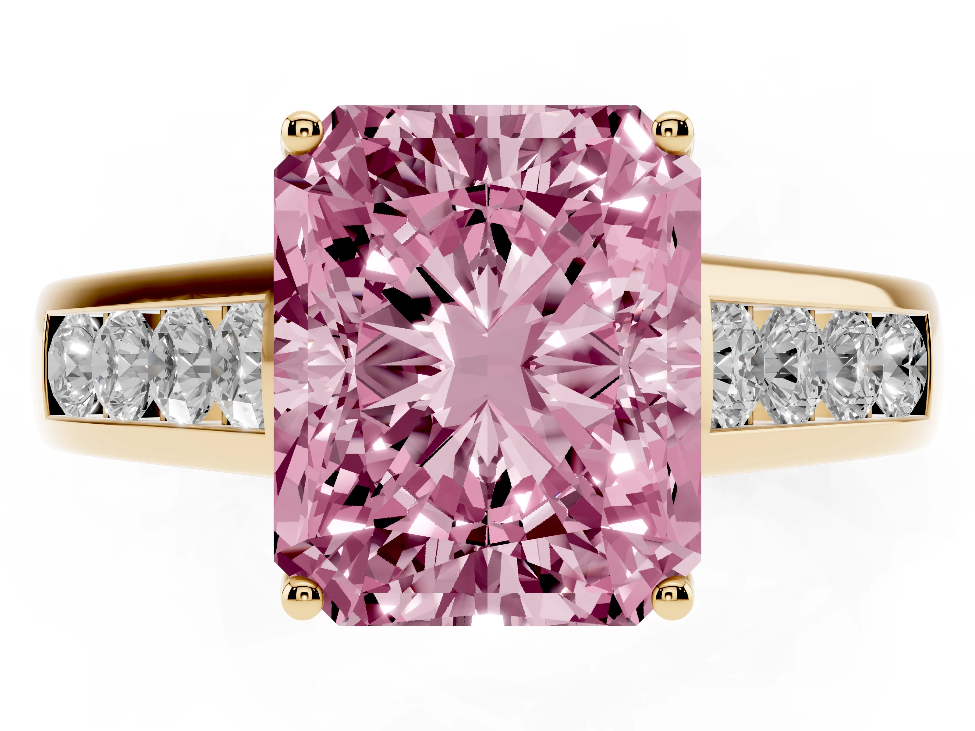 Fancy Pink Radiant Cut Diamond Brilliant Channel-Set Solitaire Ring Set in Yellow gold with Prong Setting