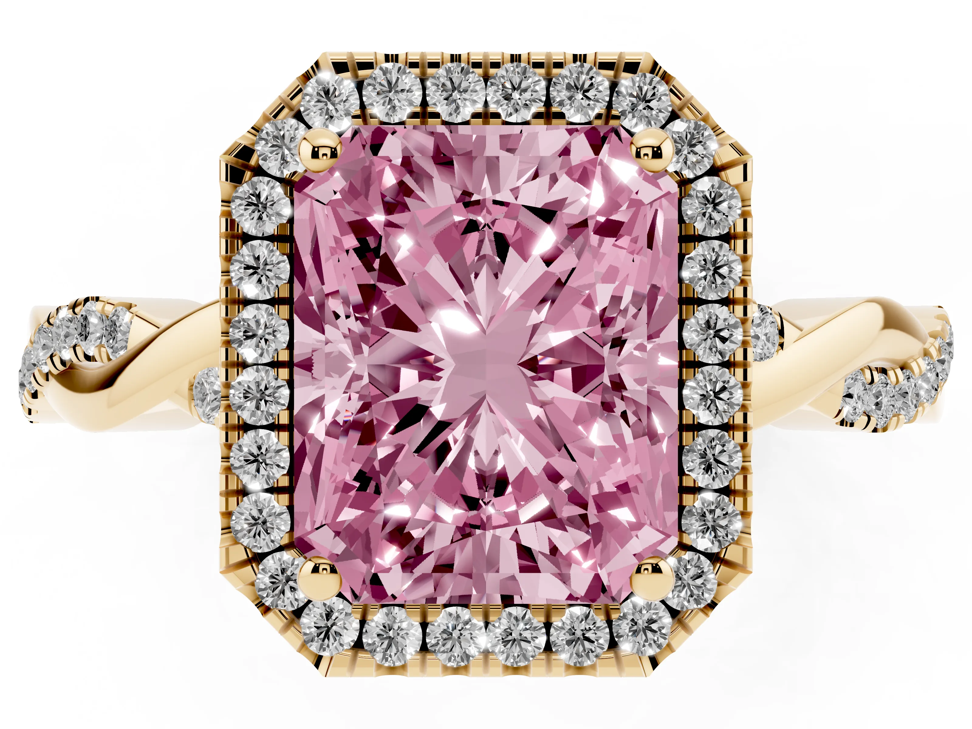 Fancy Pink Radiant Cut Diamond Halo Twisted Band Ring Set in Yellow gold with Prong Setting