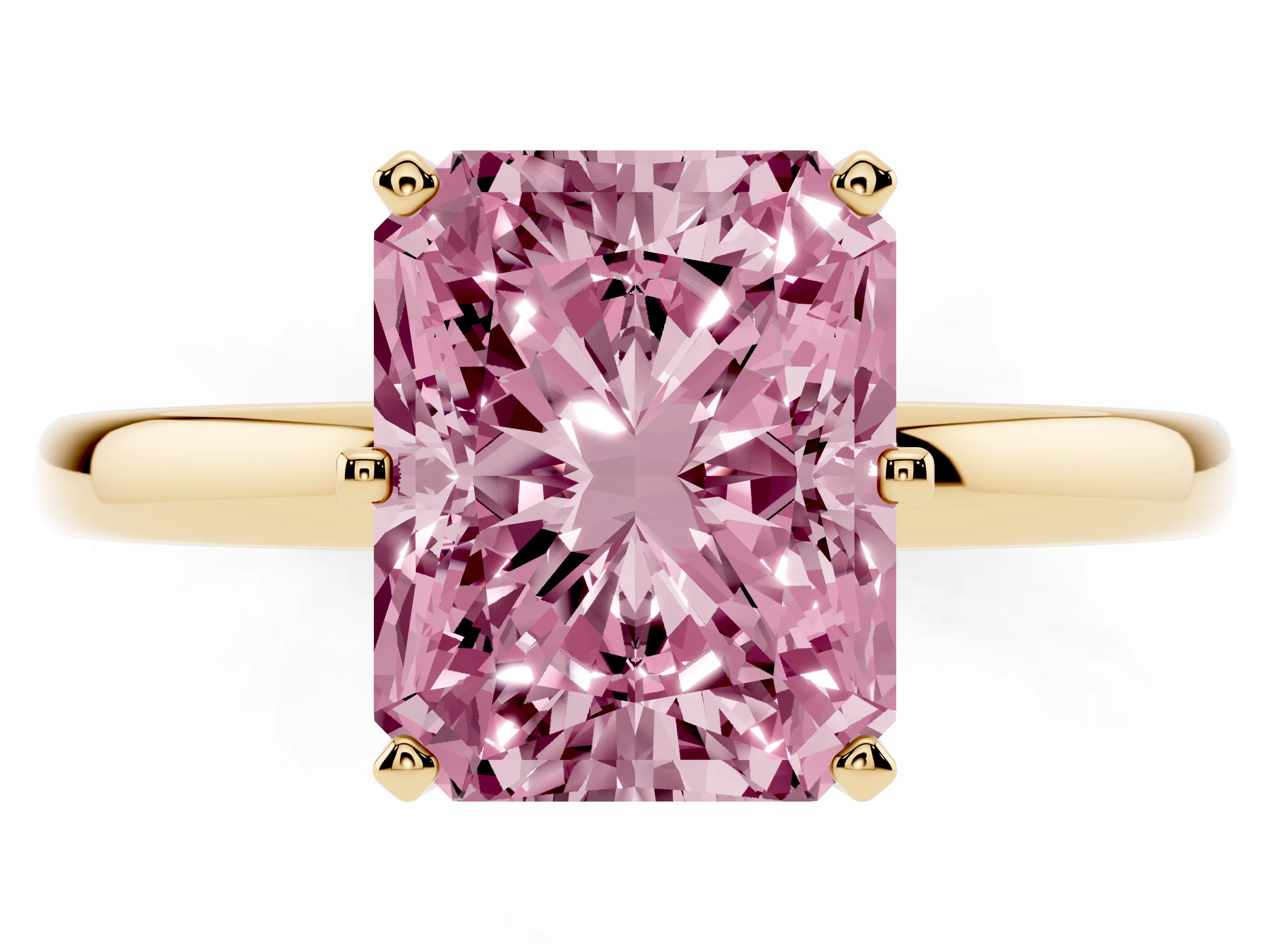 Fancy Pink Radiant Cut Diamond Solitaire Ring Set in Yellow gold with Raised Prong Setting on a Classic Band