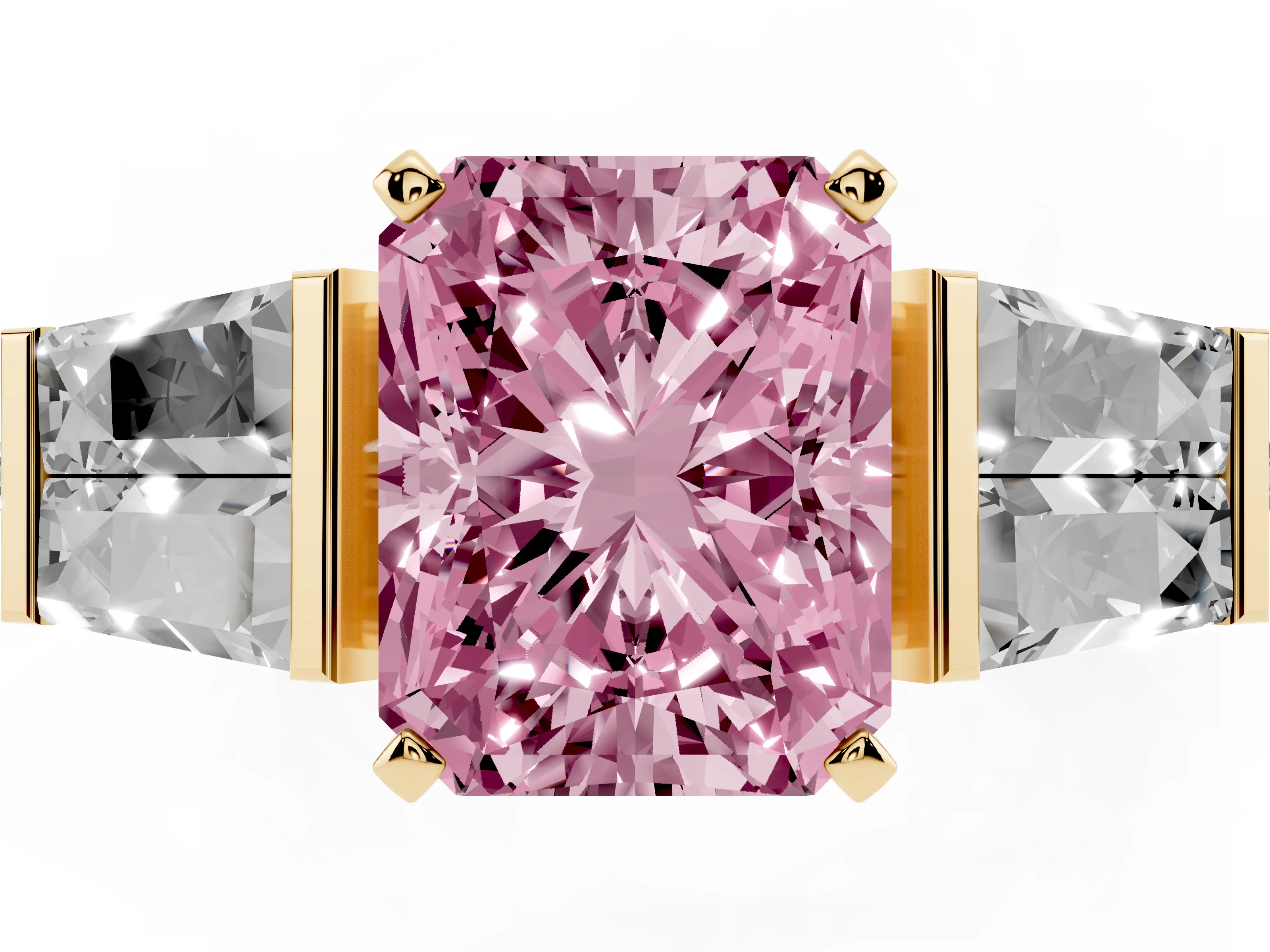 Fancy Pink Radiant Cut Diamond Engagement Ring Set in Yellow gold with Baguette Side Stones and Channel Set Band
