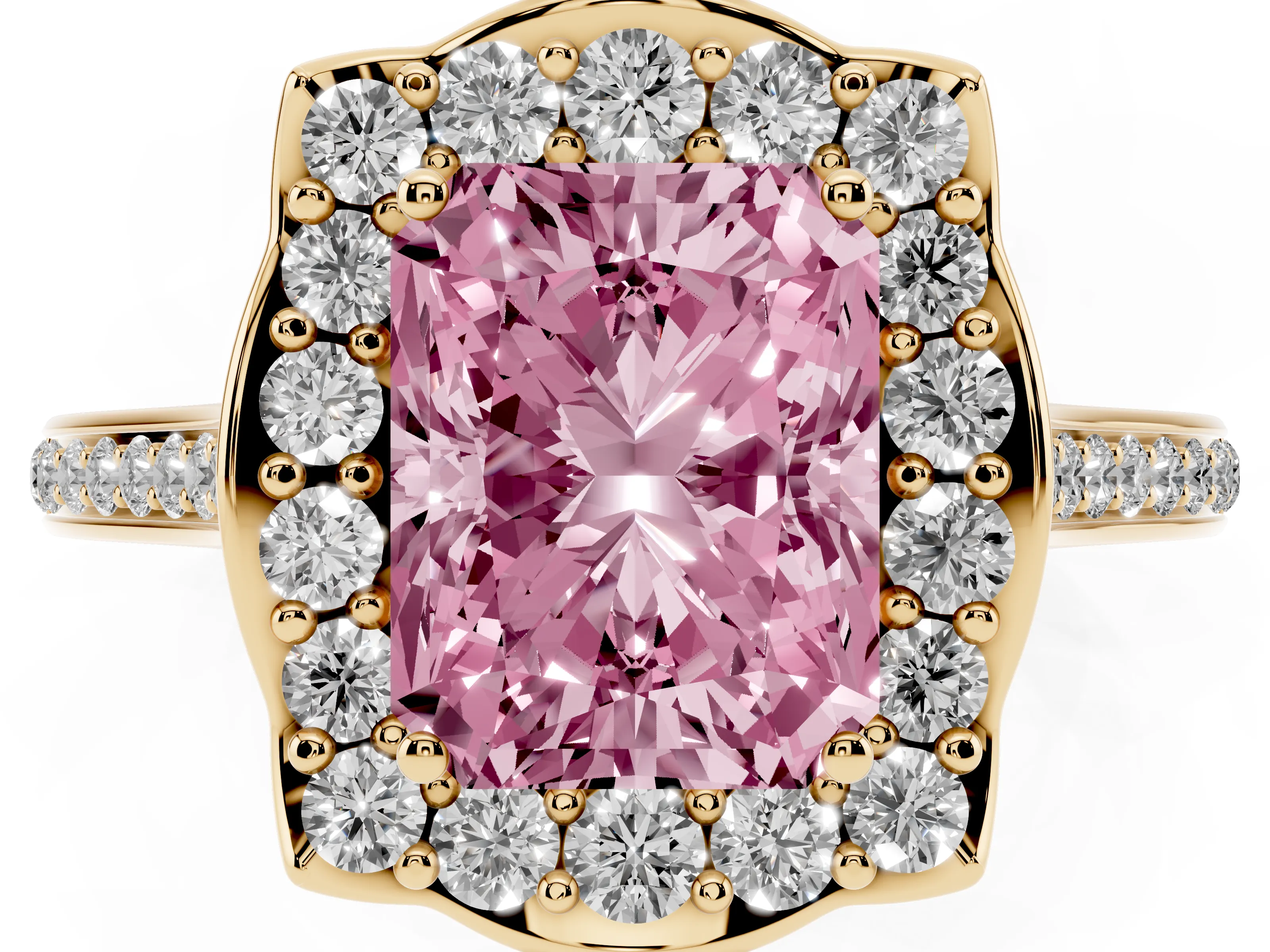 Fancy Pink Radiant Cut Diamond Halo Ring Set in Yellow gold with Pavé-Lined Shoulders and Prong Setting