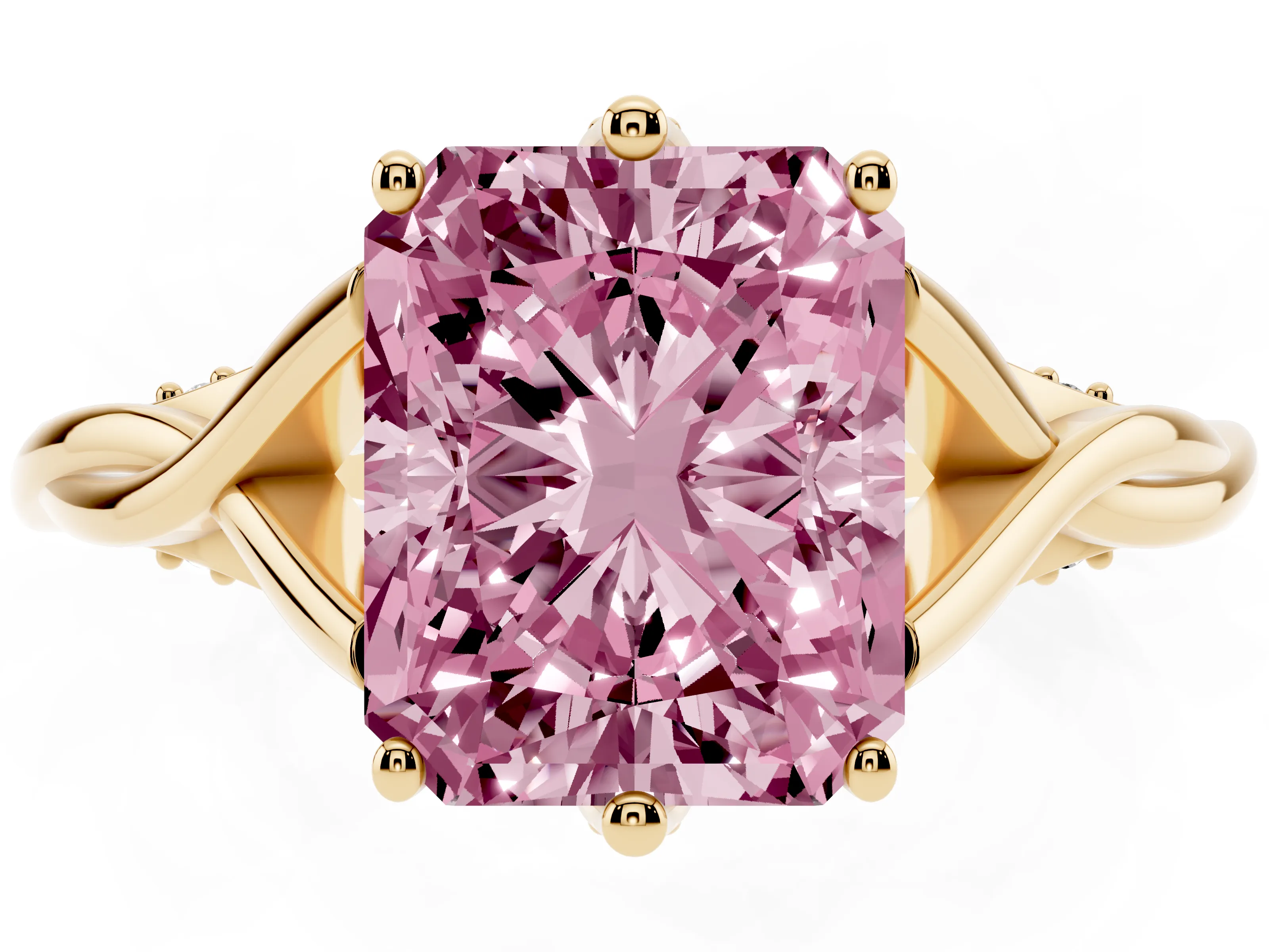 Fancy Pink Radiant Cut Diamond Intertwined Twist Band Solitaire Ring Set in Yellow gold with Prong Setting