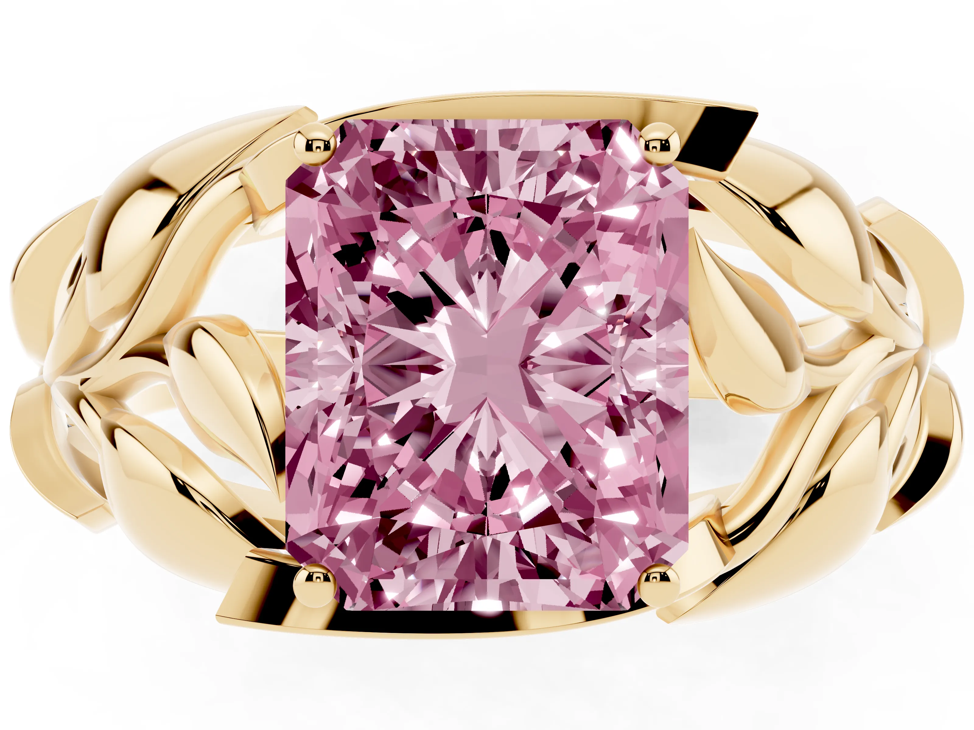 Fancy Pink Radiant Cut Diamond Leaf-Inspired Engagement Ring Set in Yellow gold with Round Accents