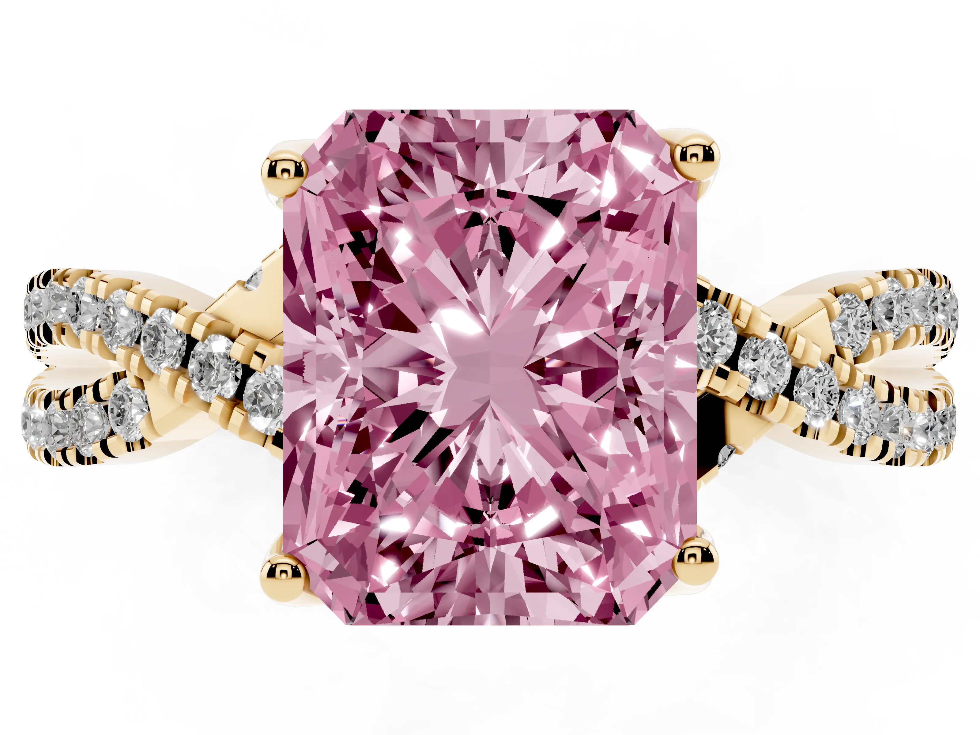 Fancy Pink Radiant Cut Diamond Twist Pavé Solitaire Engagement Ring Set in Yellow gold with Prong Setting