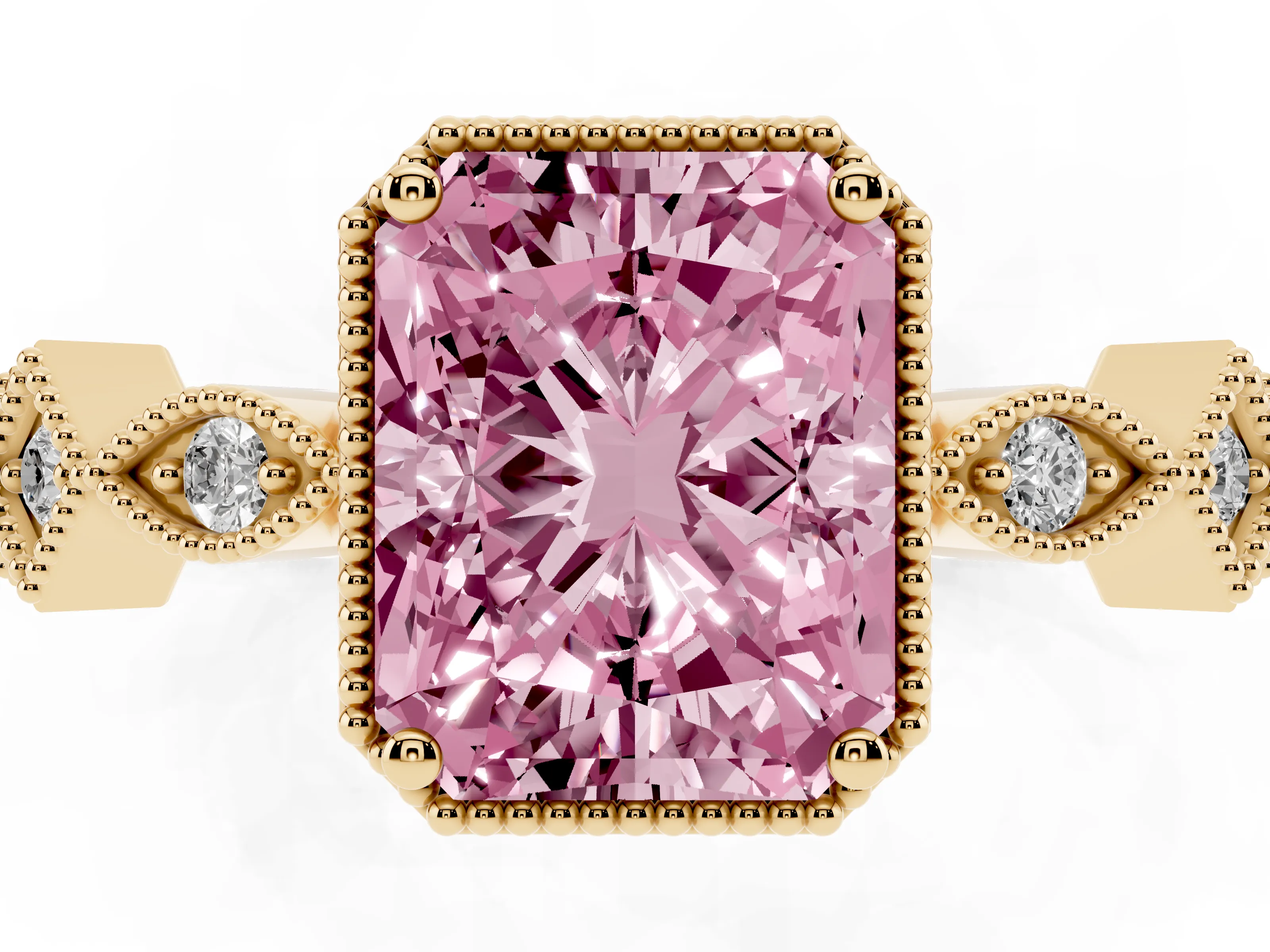 Fancy Pink Radiant Cut Diamond Milgrain Marquise Twist Band Ring Set in Yellow gold with Prong Setting