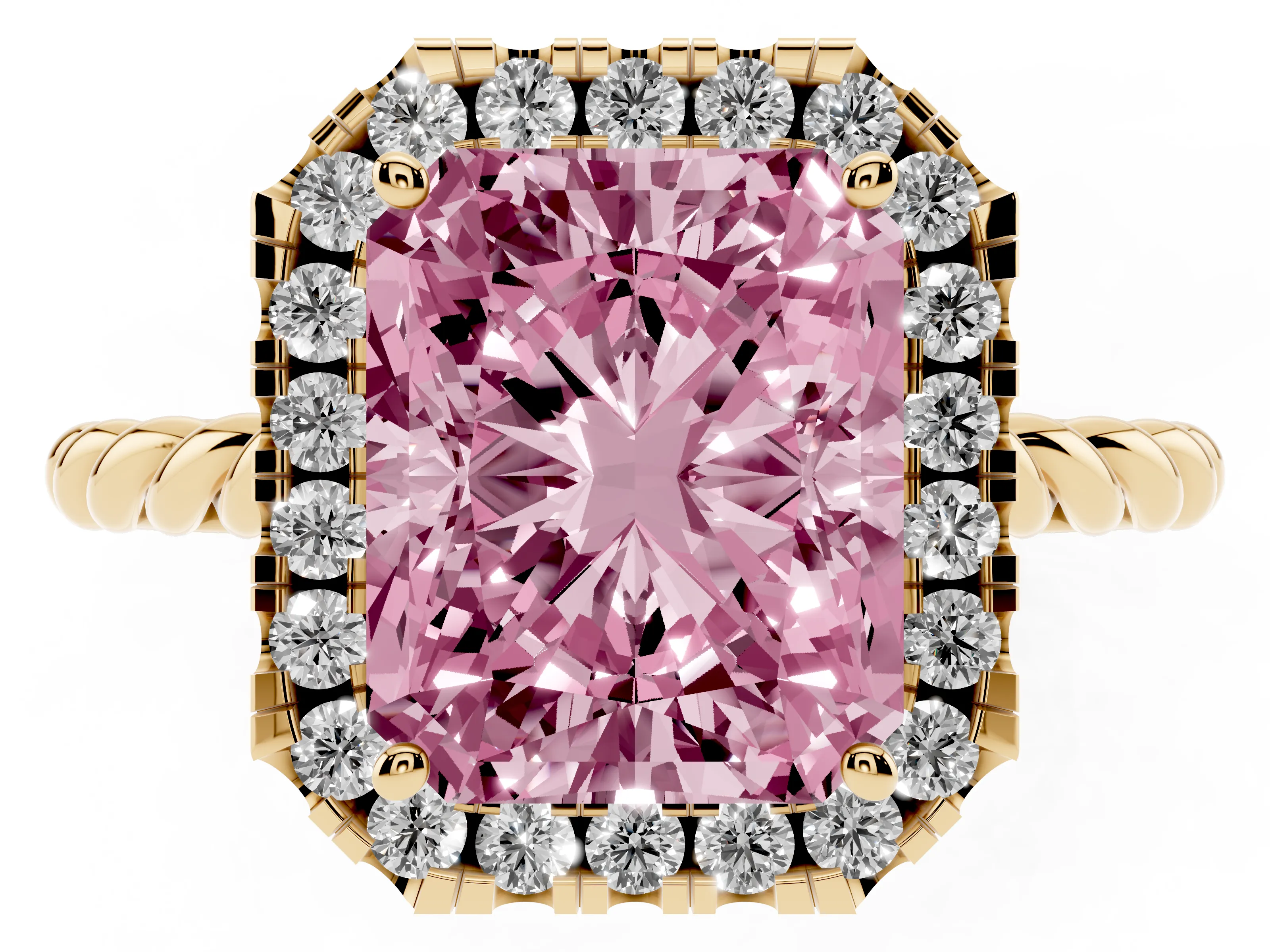 Fancy Pink Radiant Cut Diamond Halo Ring Set in Yellow gold with Plain Twisted Band