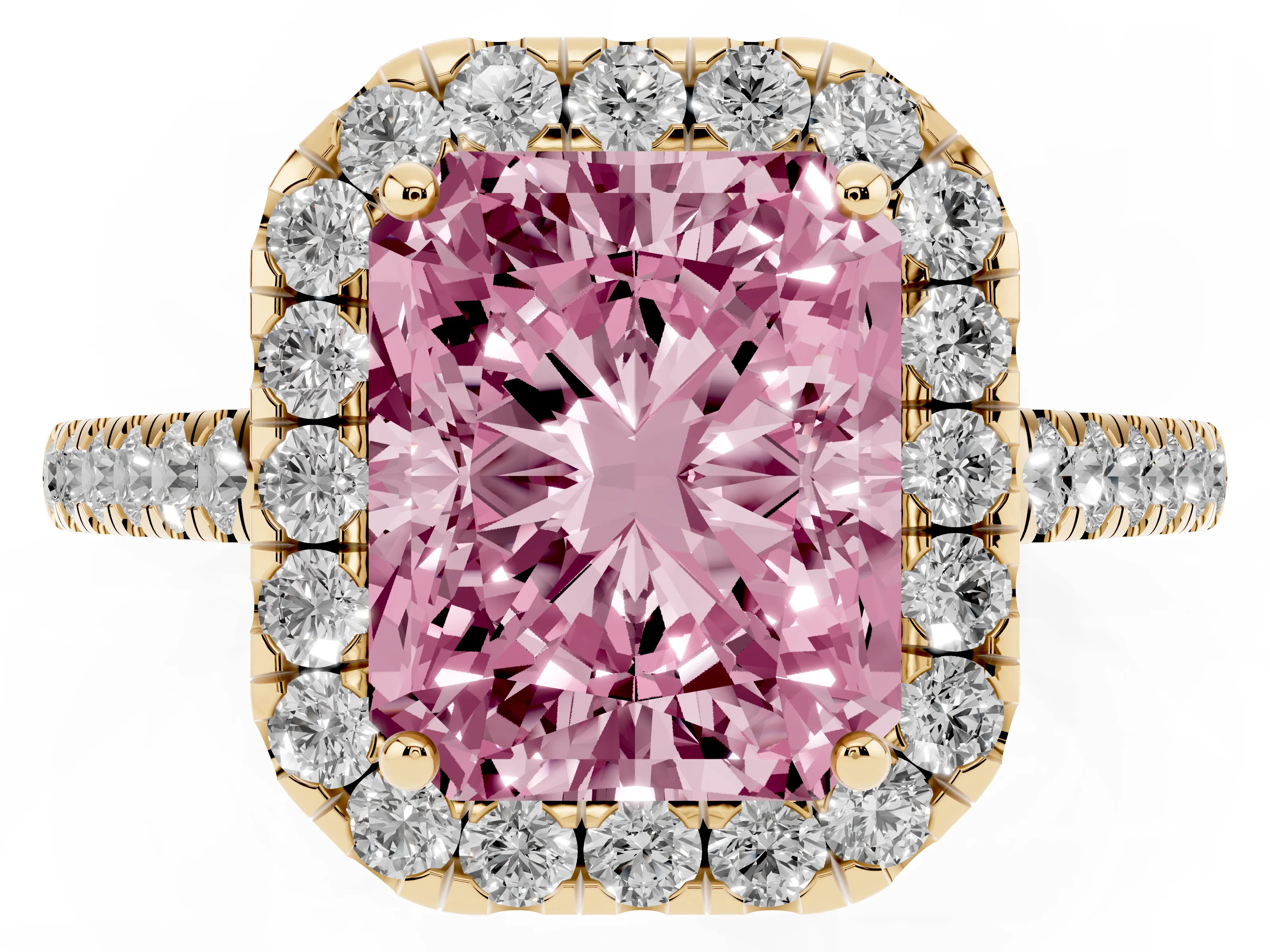 Fancy Pink Radiant Cut Diamond Halo Pavé Engagement Ring Set in Yellow gold with Prong Setting