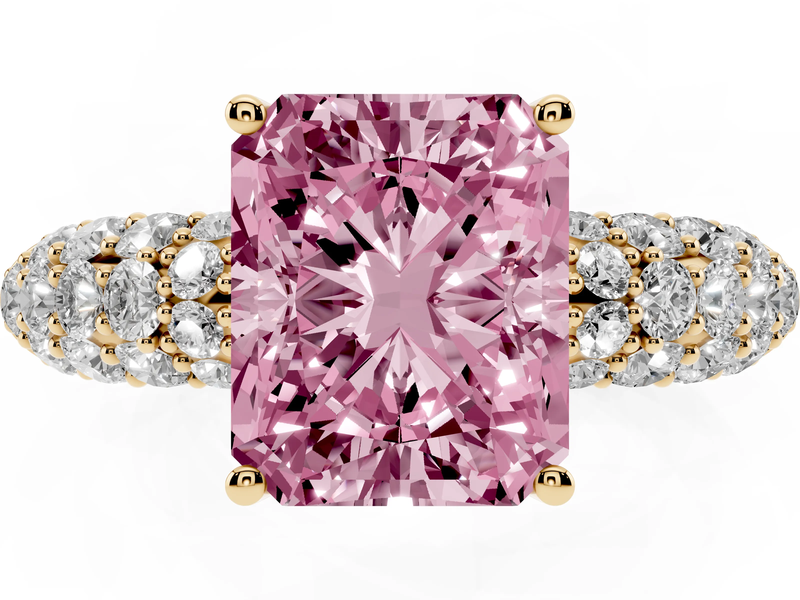 Fancy Pink Radiant Cut Diamond Pavé Band Solitaire Ring Set in Yellow gold with Close-Set Accent Stones and Prong Setting