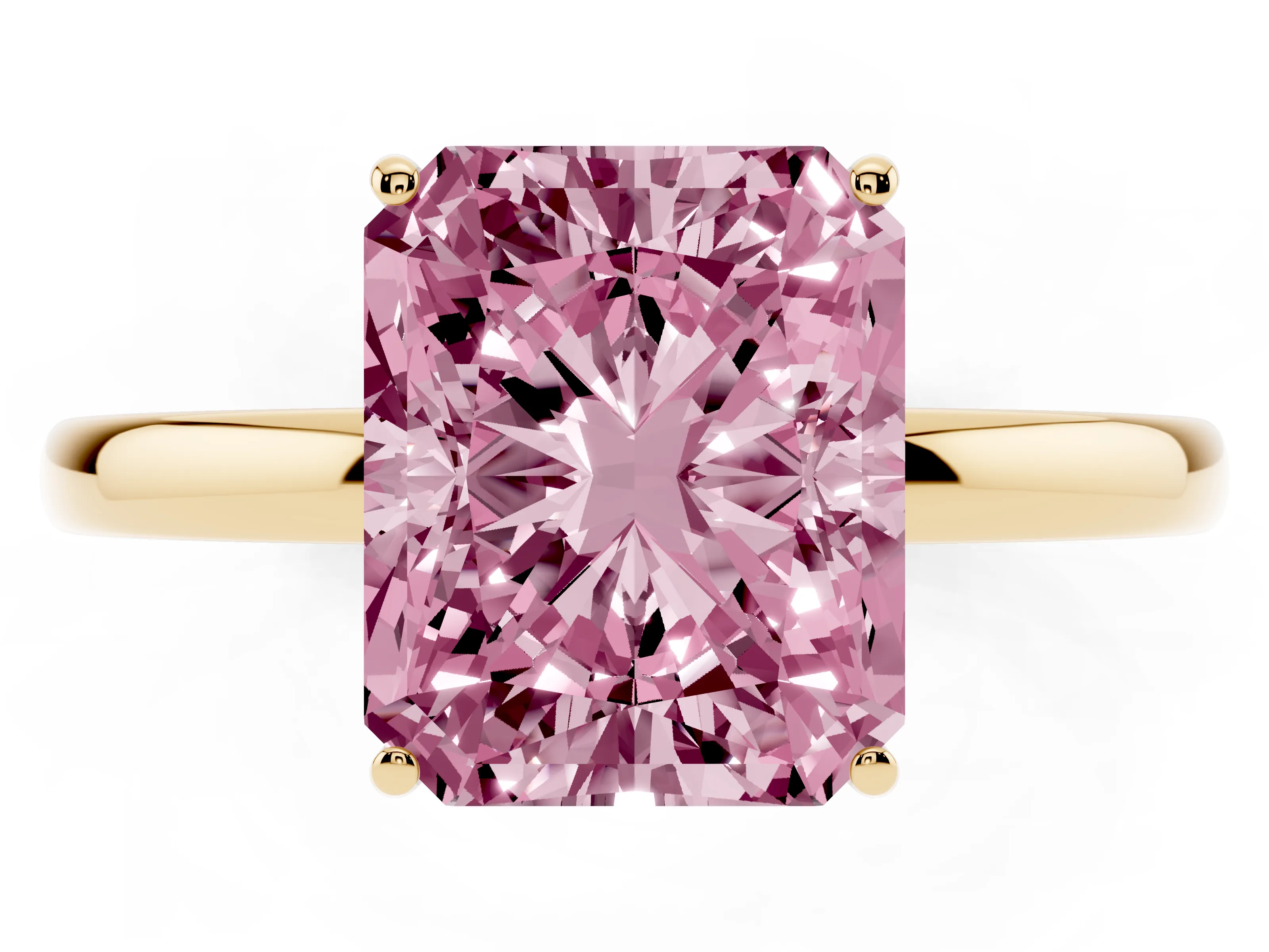 Fancy Pink Radiant Cut Diamond Solitaire Ring Set in Yellow gold with Plain Band and Prong Setting