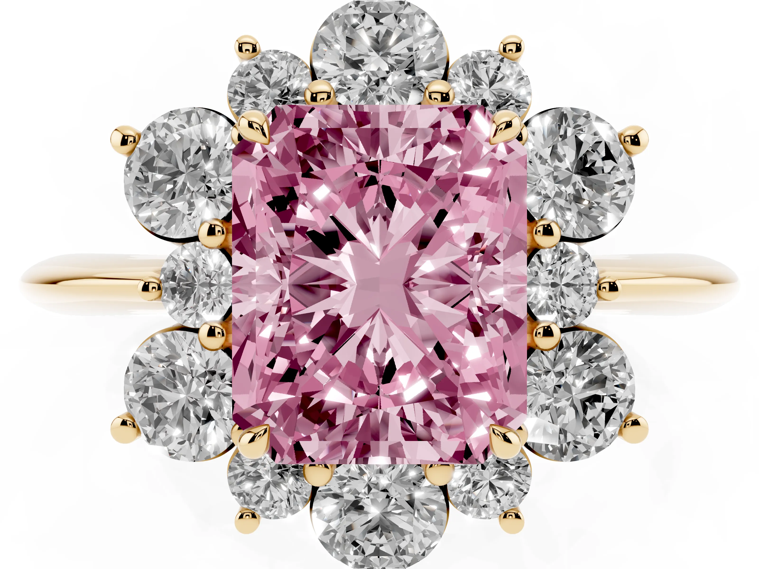 Fancy Pink Radiant Cut Diamond Cluster Halo Ring Set in Yellow gold with Solitaire Band and Prong Setting