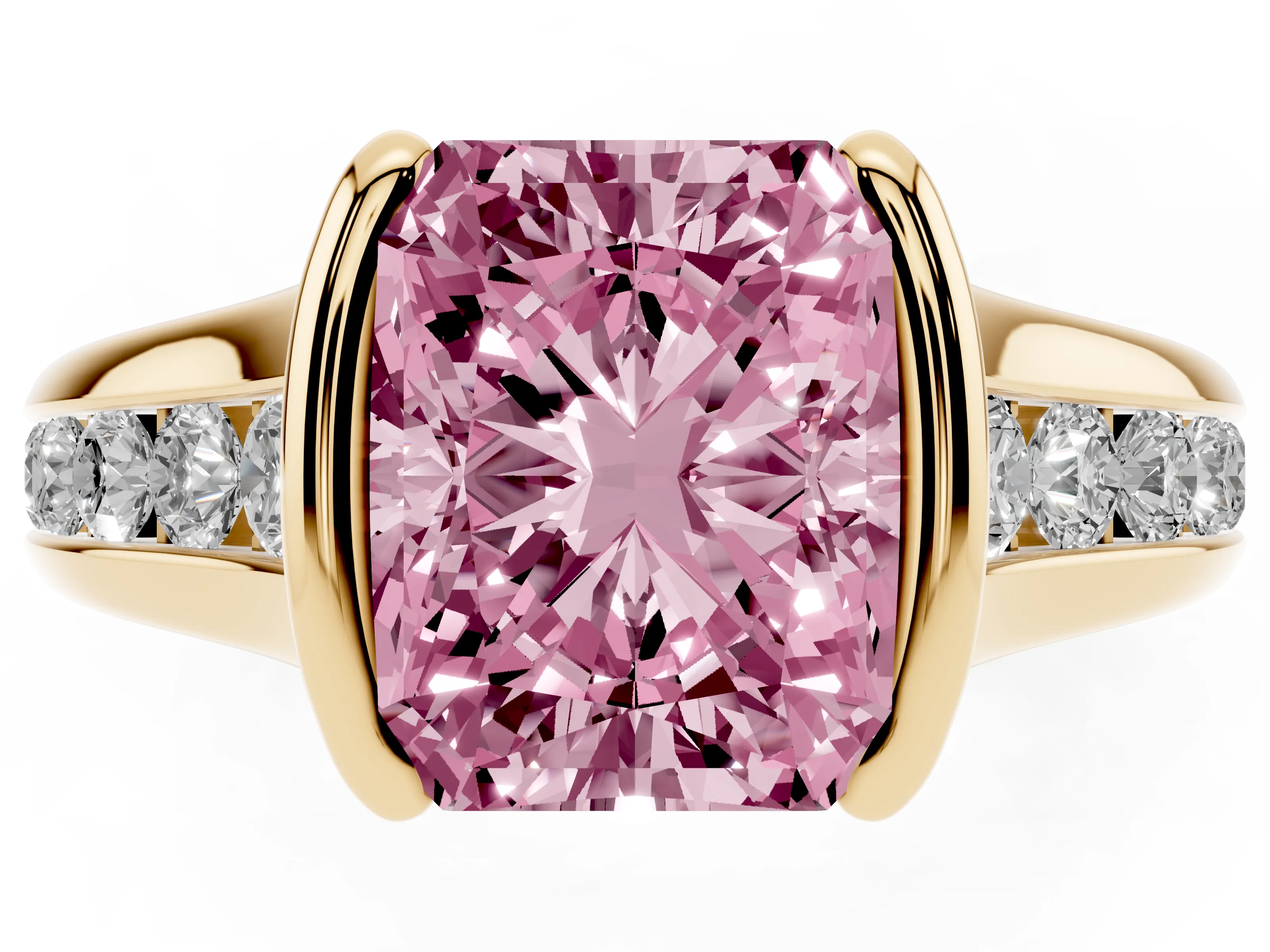 Fancy Pink Radiant Cut Diamond Bezel-Set Solitaire Ring Set in Yellow gold with Channel-Set Band