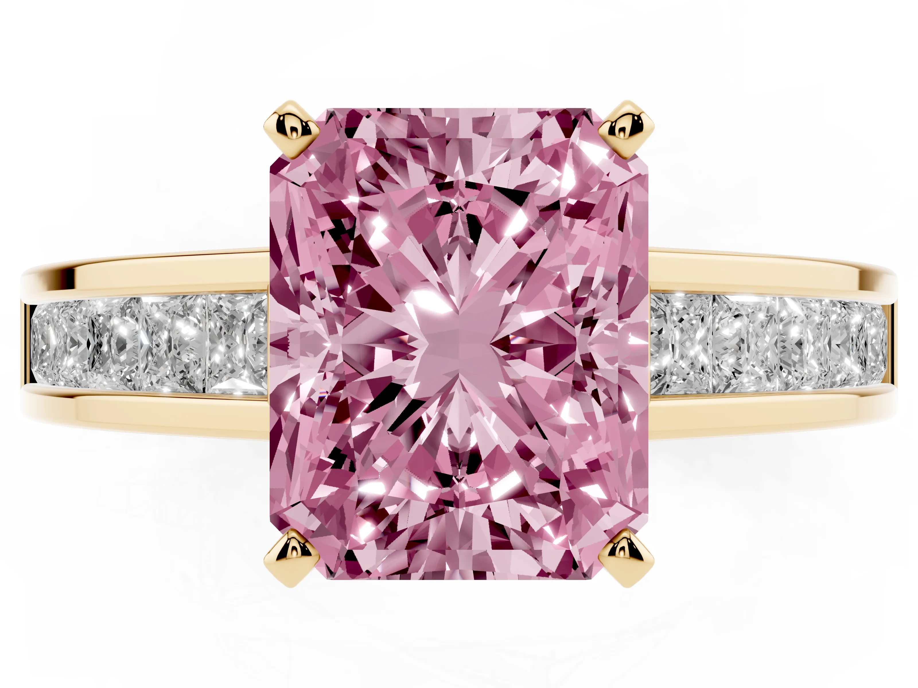 Fancy Pink Radiant Cut Diamond Solitaire Ring Set in Yellow gold with Channel-Set Band and Prong Setting
