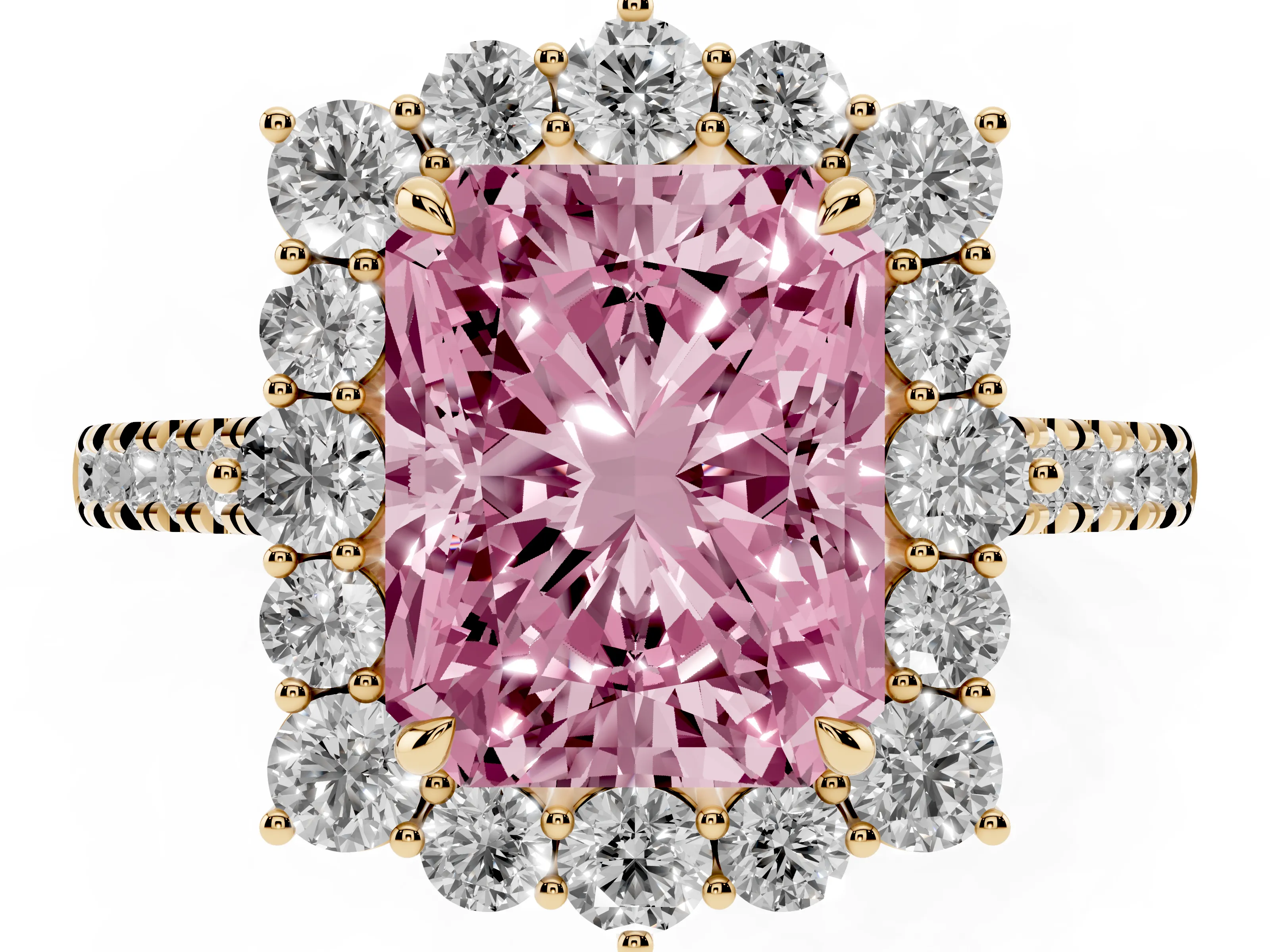 Fancy Pink Radiant Cut Diamond Halo Ring Set in Yellow gold with Pavé Band and Prong Setting