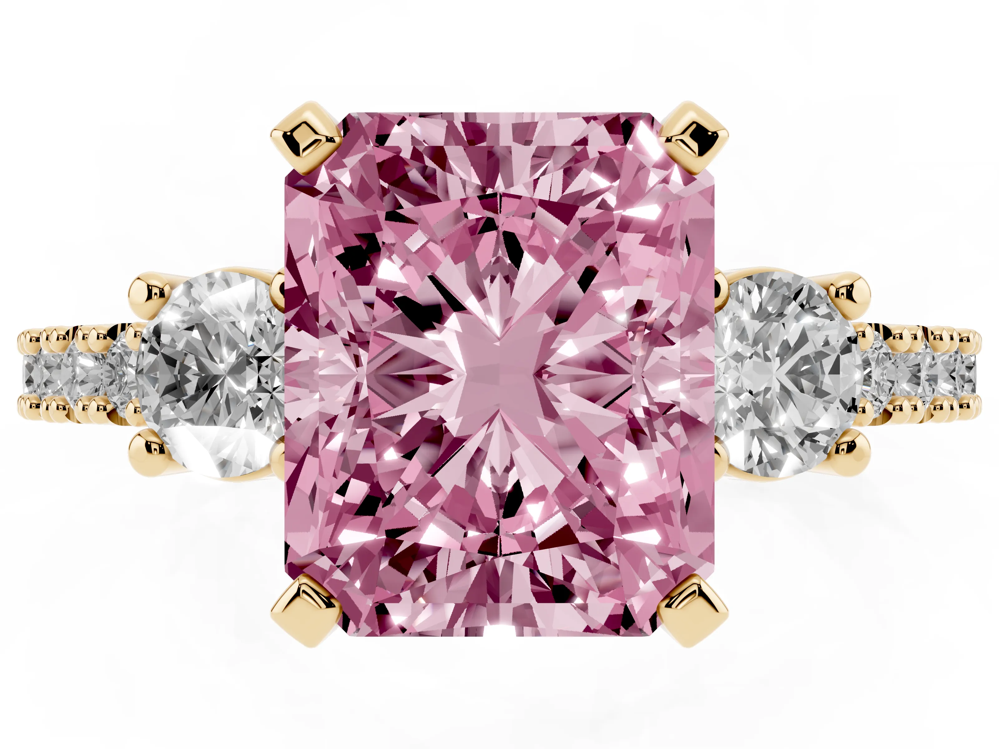 Fancy Pink Three-Stone Radiant Cut Diamond Pavé Band Ring Set in Yellow gold with Prong Setting