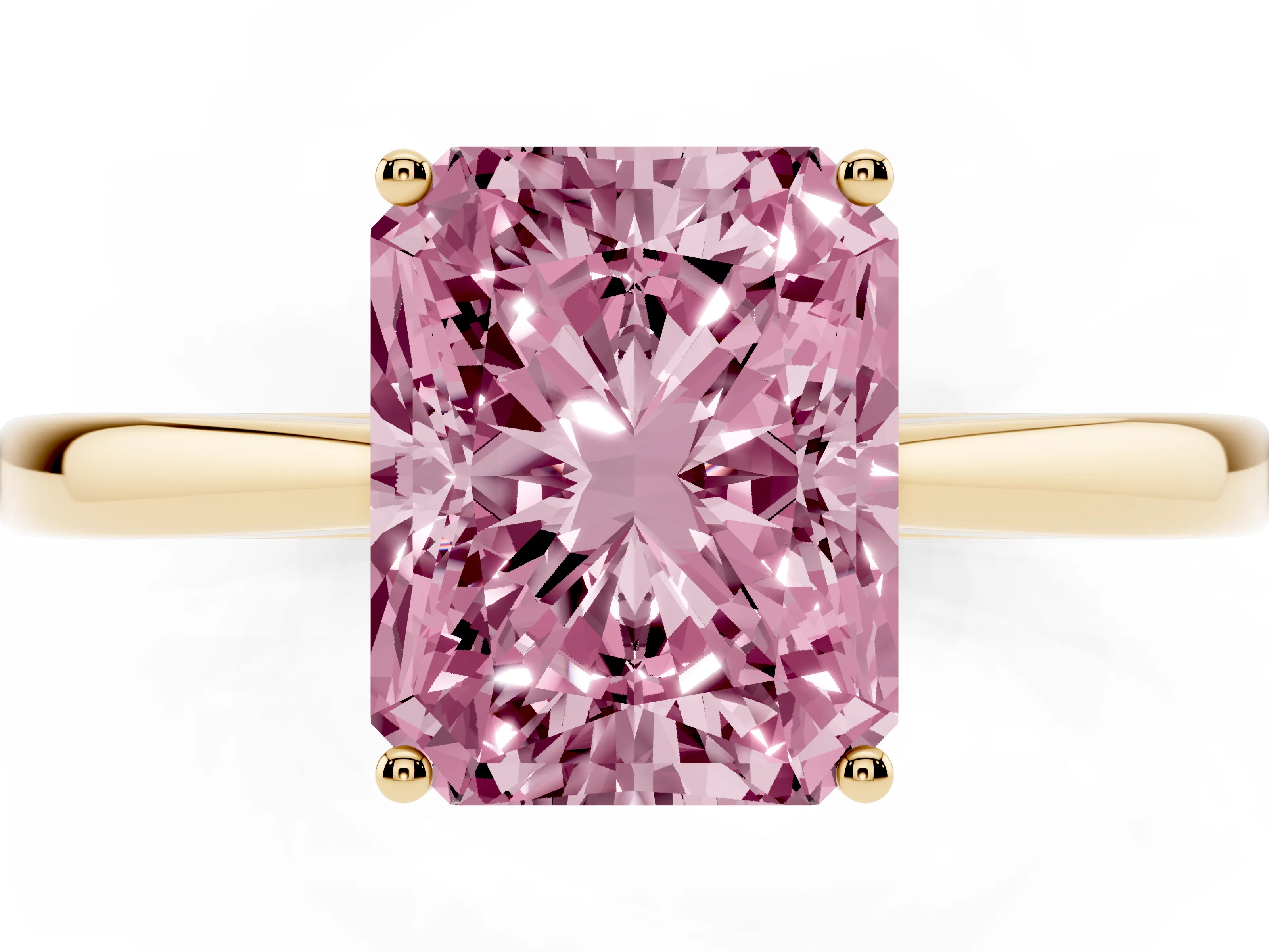 Fancy Pink Radiant Cut Diamond Solitaire Ring Set in Yellow gold with Split Shank and Prong Setting