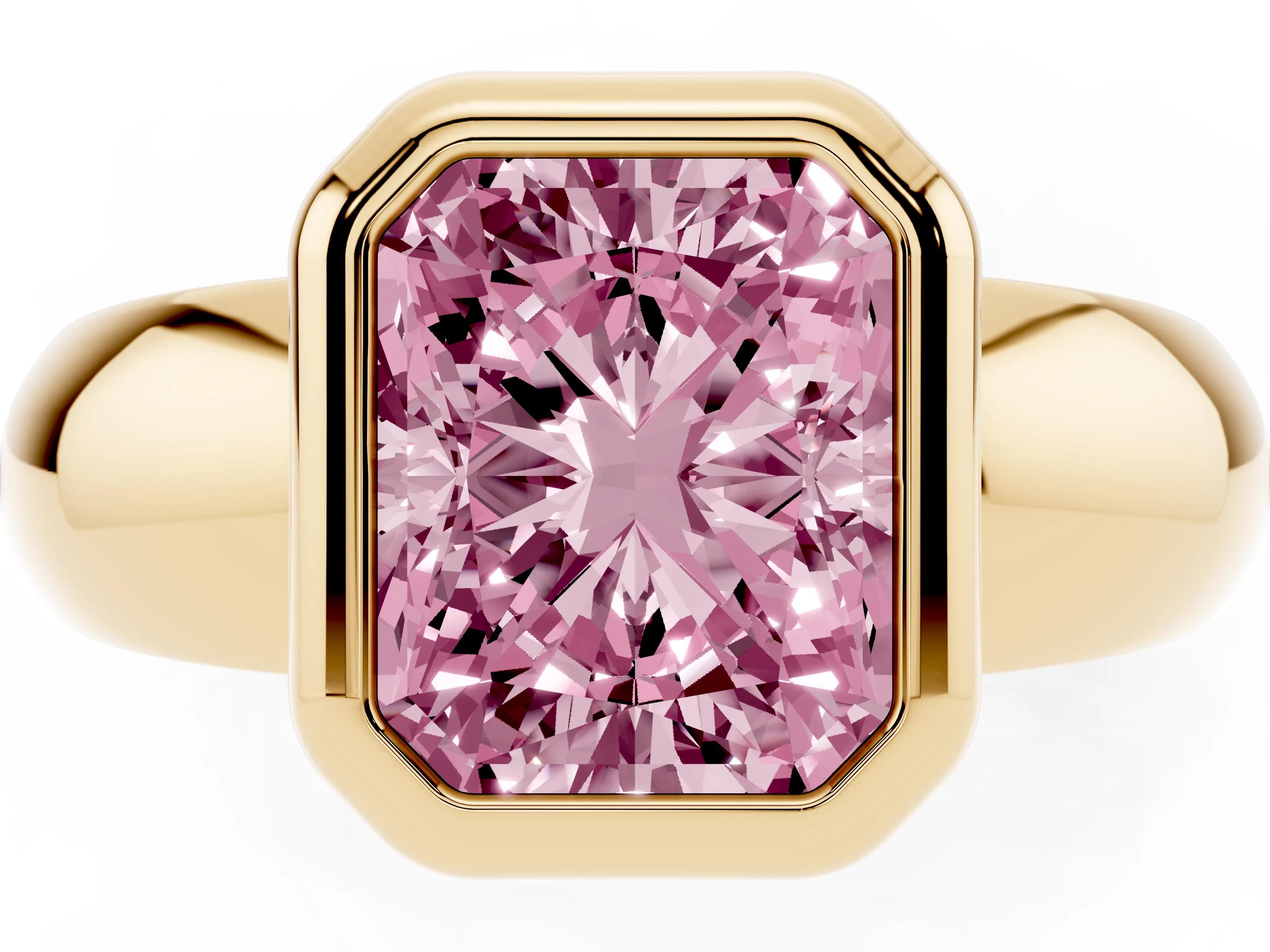 Fancy Pink Bezel Set Radiant Cut Diamond Solitaire Ring Set in Yellow gold with Wide Band