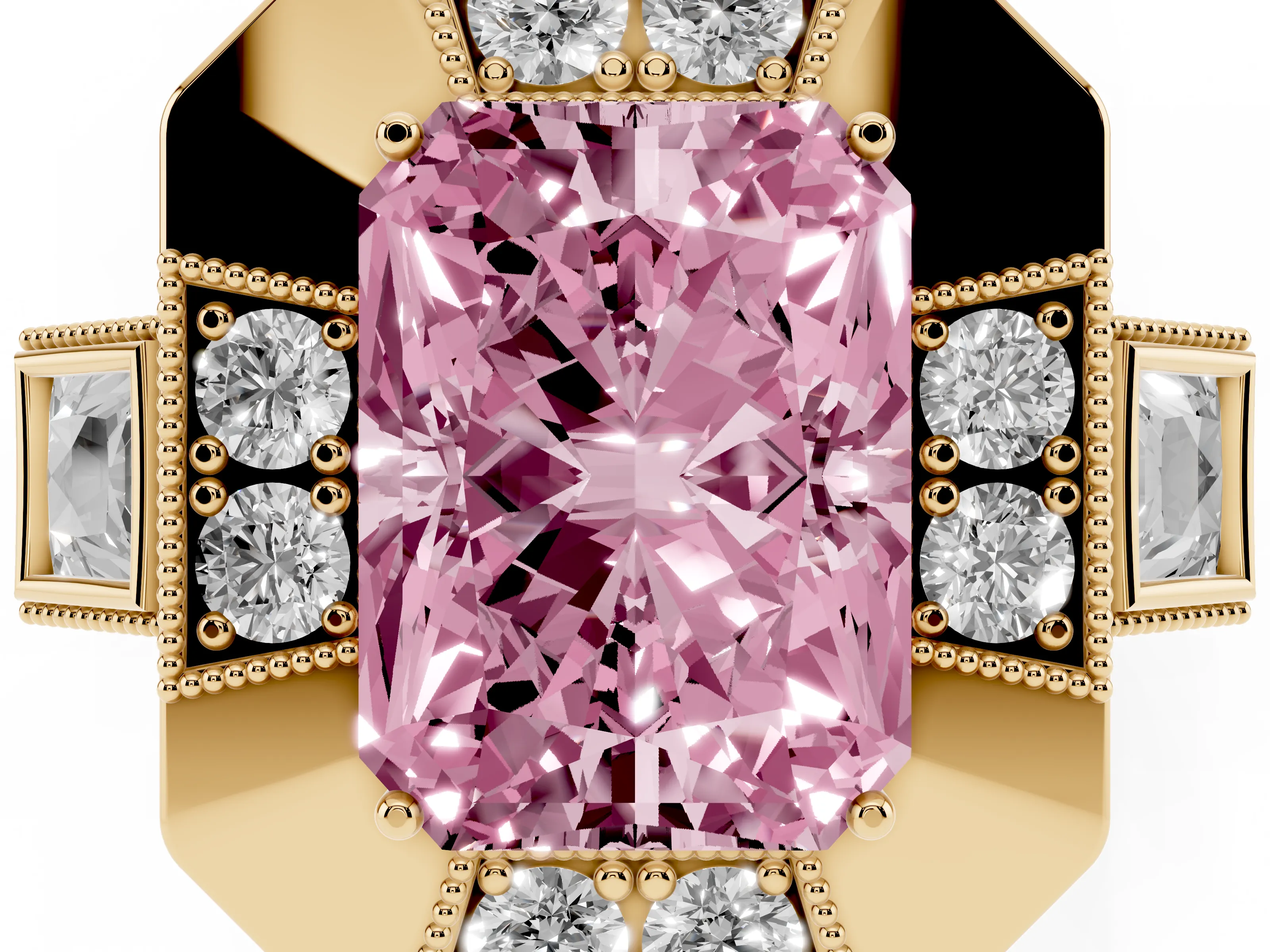 Fancy Pink Radiant Cut Diamond Milgrain Halo Ring Set in Yellow gold with Split Shank