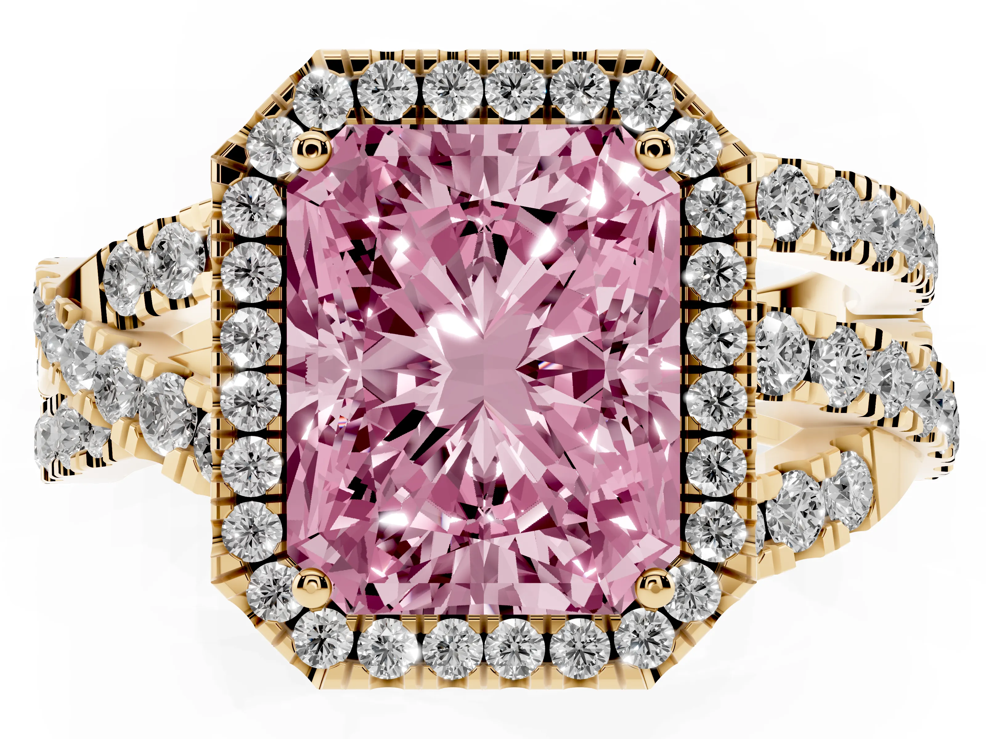 Fancy Pink Radiant Cut Diamond Halo Ring Set in Yellow gold with Round Crossover Split Shank and Prong Setting