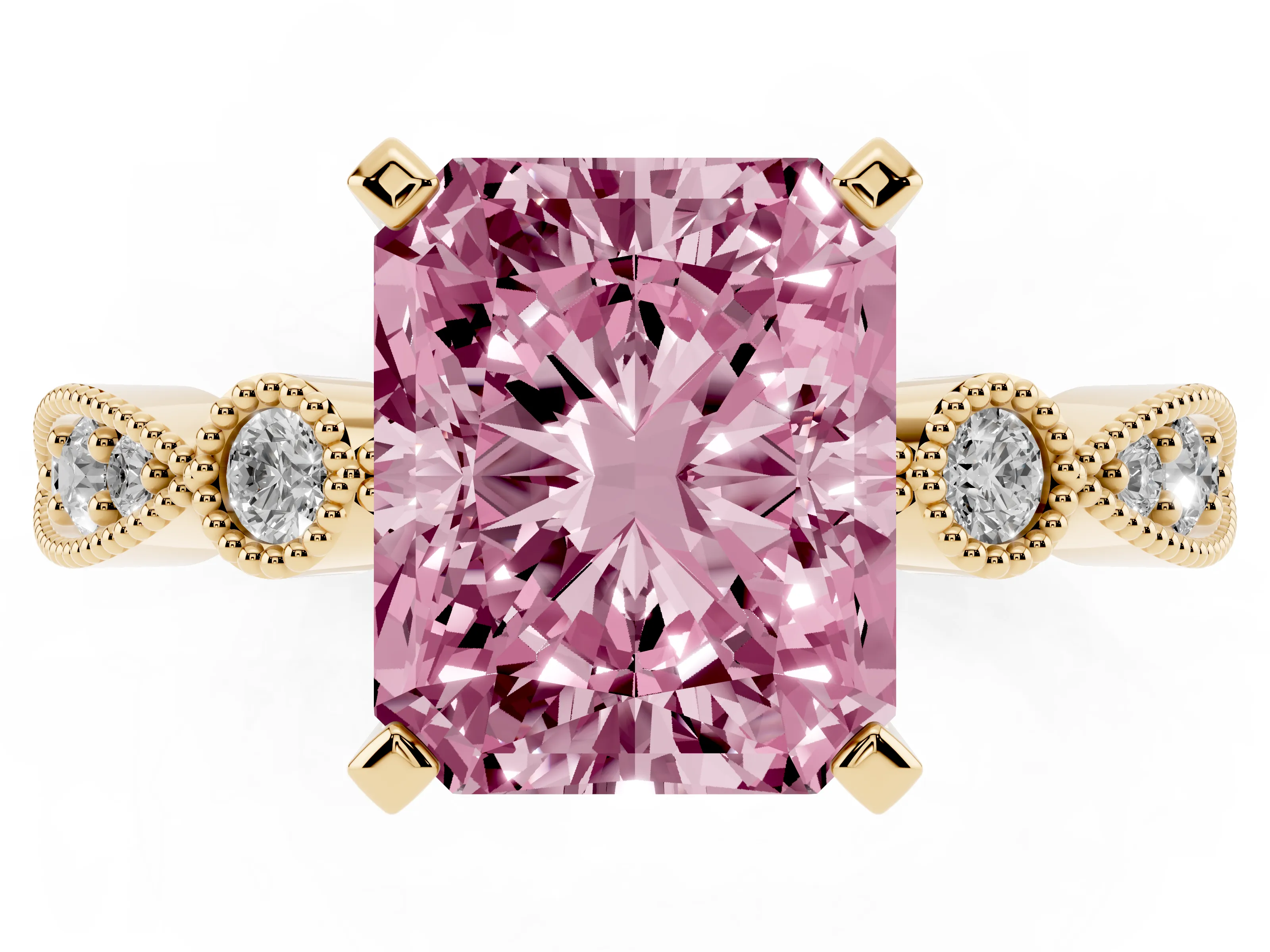 Fancy Pink Radiant Cut Diamond Solitaire Engagement Ring Set in Yellow gold with Milgrain Bezel Accent Band