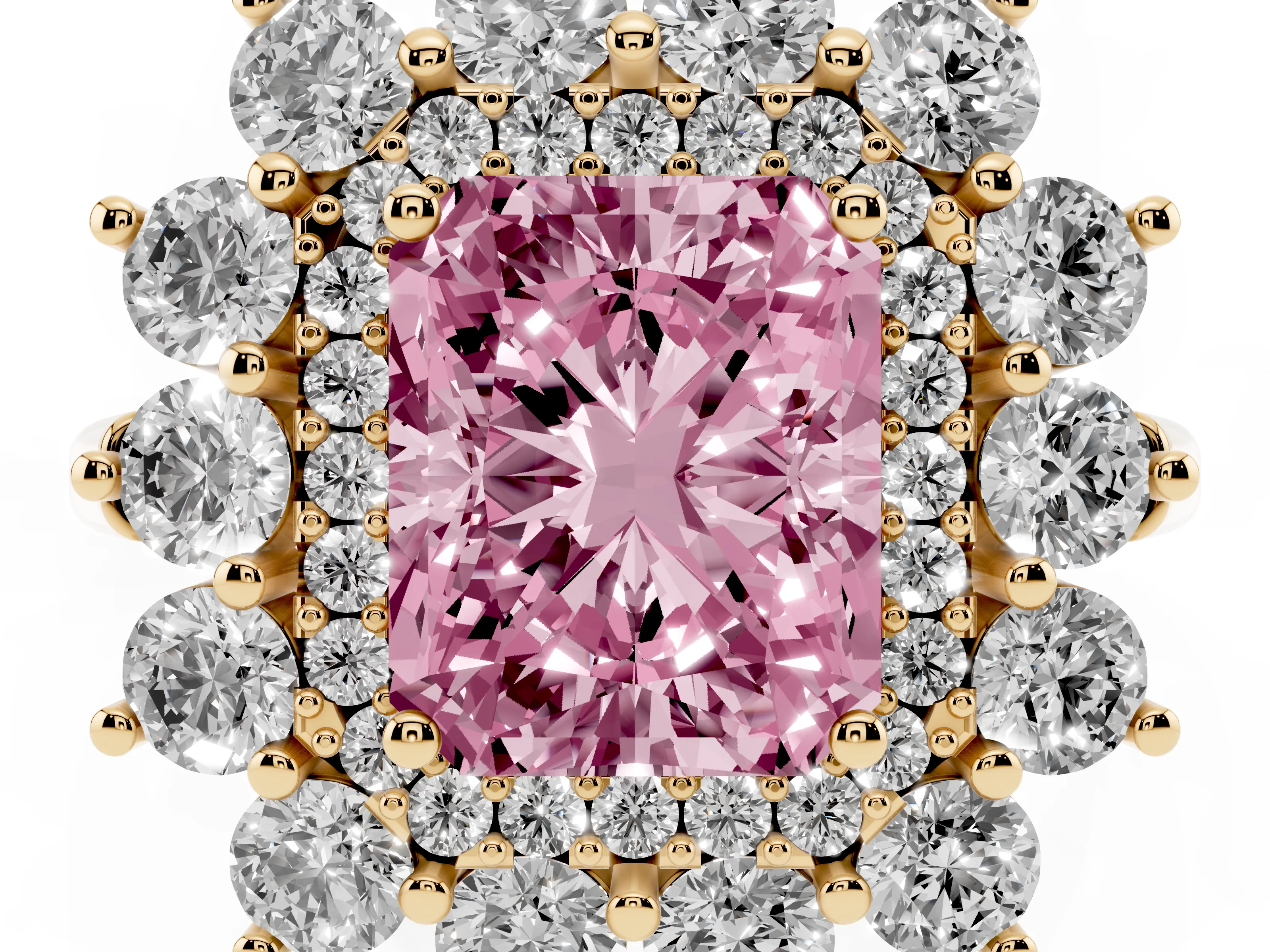 Fancy Pink Radiant Cut Diamond Floral Double Halo Ring Set in Yellow gold with Round Petals