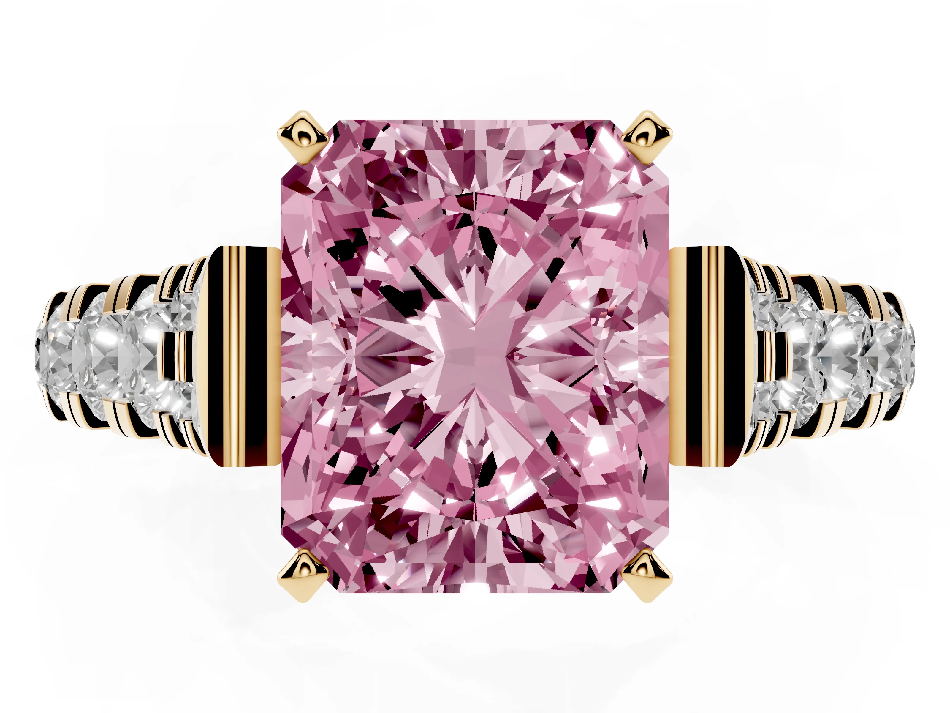 Fancy Pink Radiant Cut Diamond Classic Solitaire Ring Set in Yellow gold with Pavé Band and Prong Setting