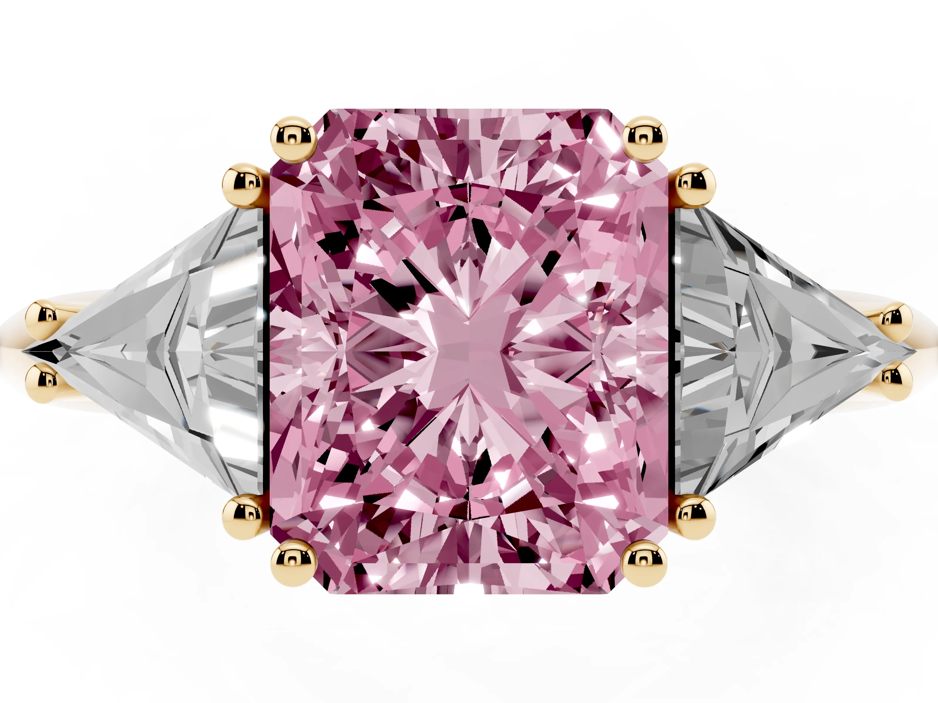 Fancy Pink Radiant Cut Diamond Three-Stone Engagement Ring Set in Yellow gold with Trillion Side Stones