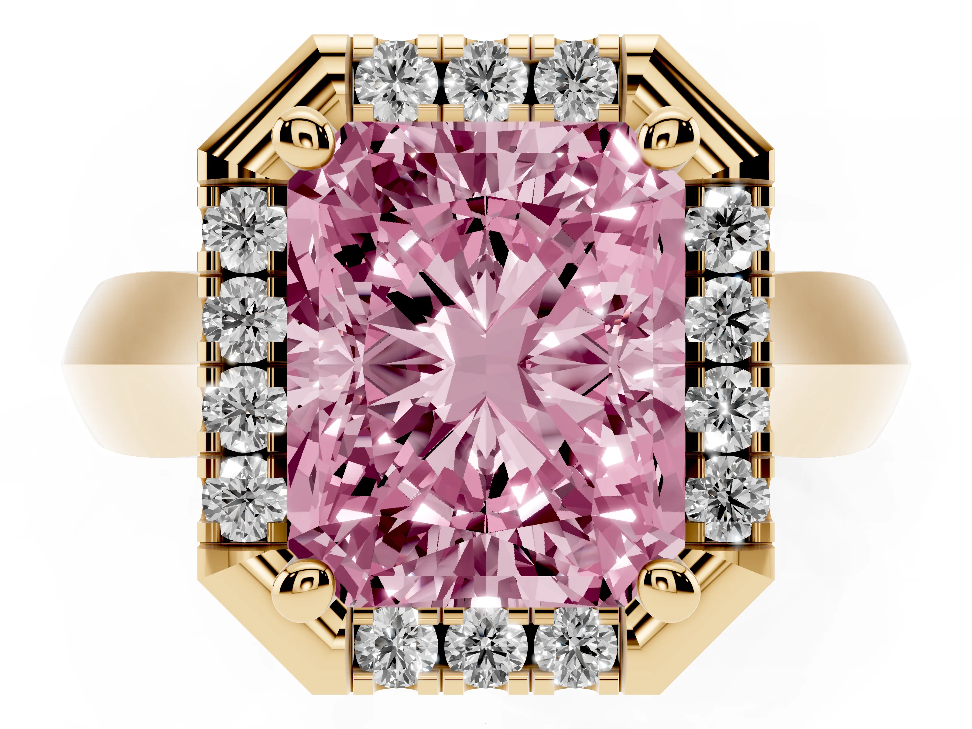 Fancy Pink Radiant Cut Diamond Halo Solitaire Engagement Ring Set in Yellow gold with Square Band and Prong Setting