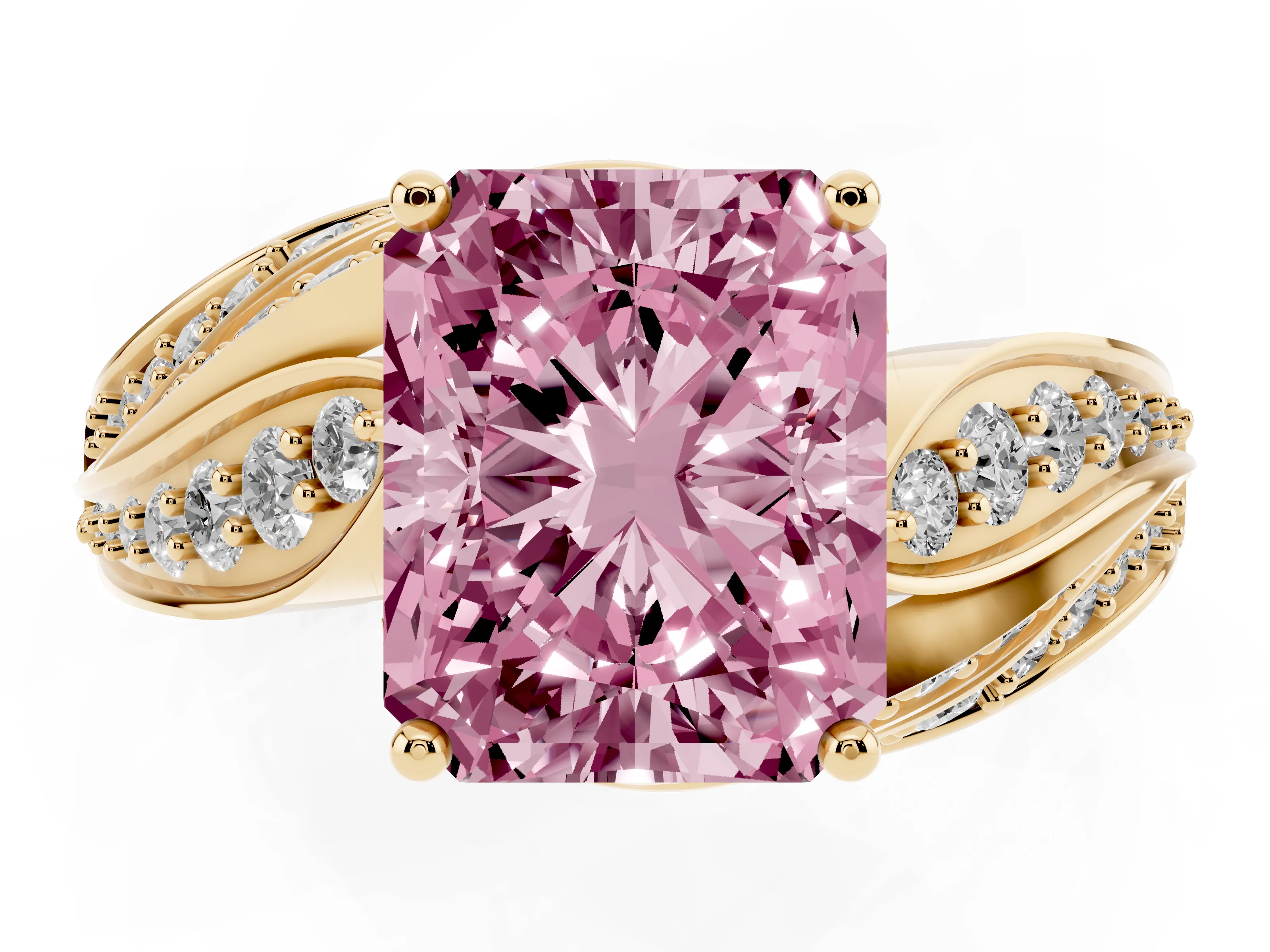 Fancy Pink Radiant Cut Diamond Solitaire Ring Set in Yellow gold with Layered Twist Pavé Band