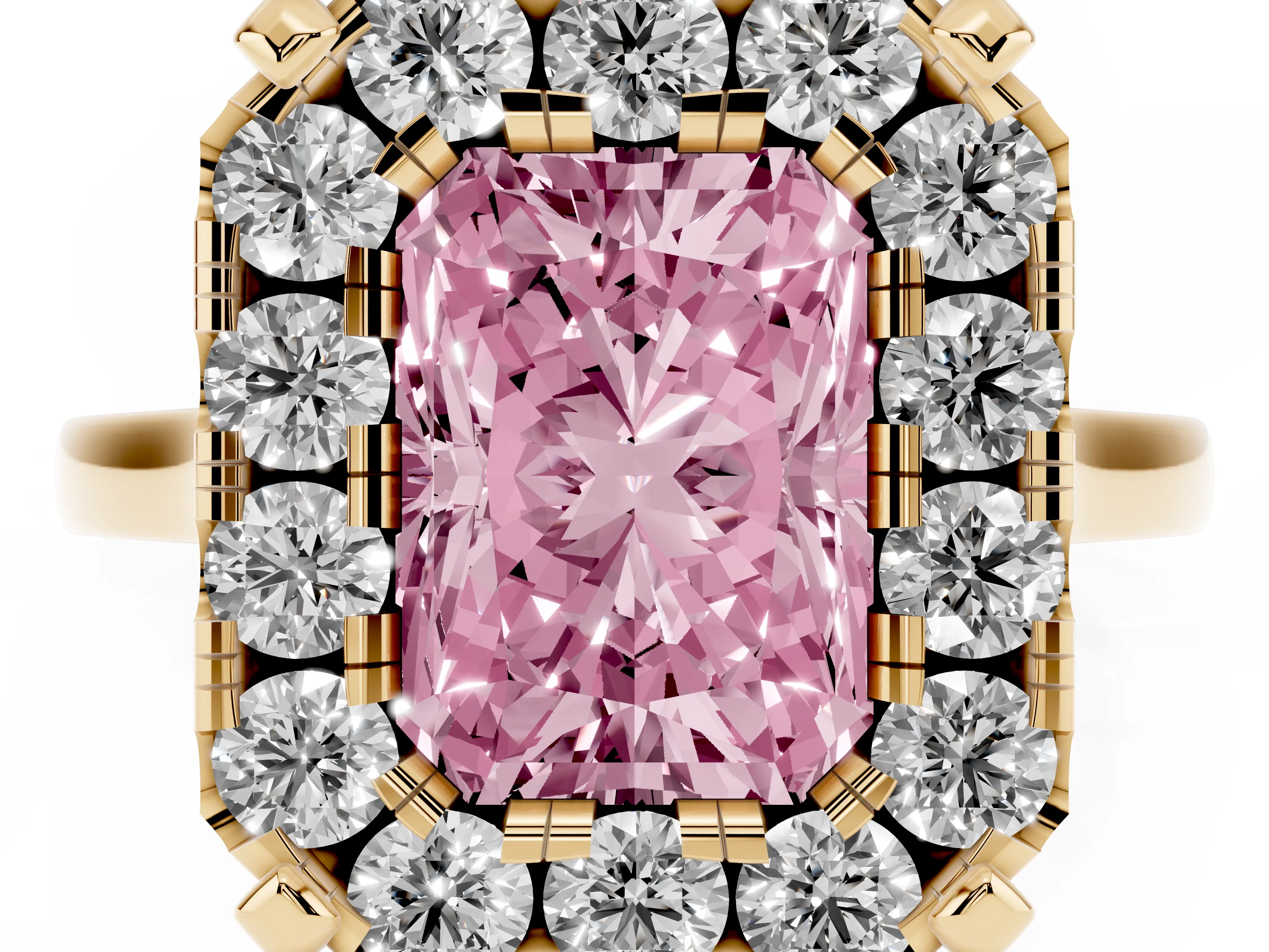 Fancy Pink Radiant Cut Diamond Cluster Halo Solitaire Ring Set in Yellow gold with Prong Setting