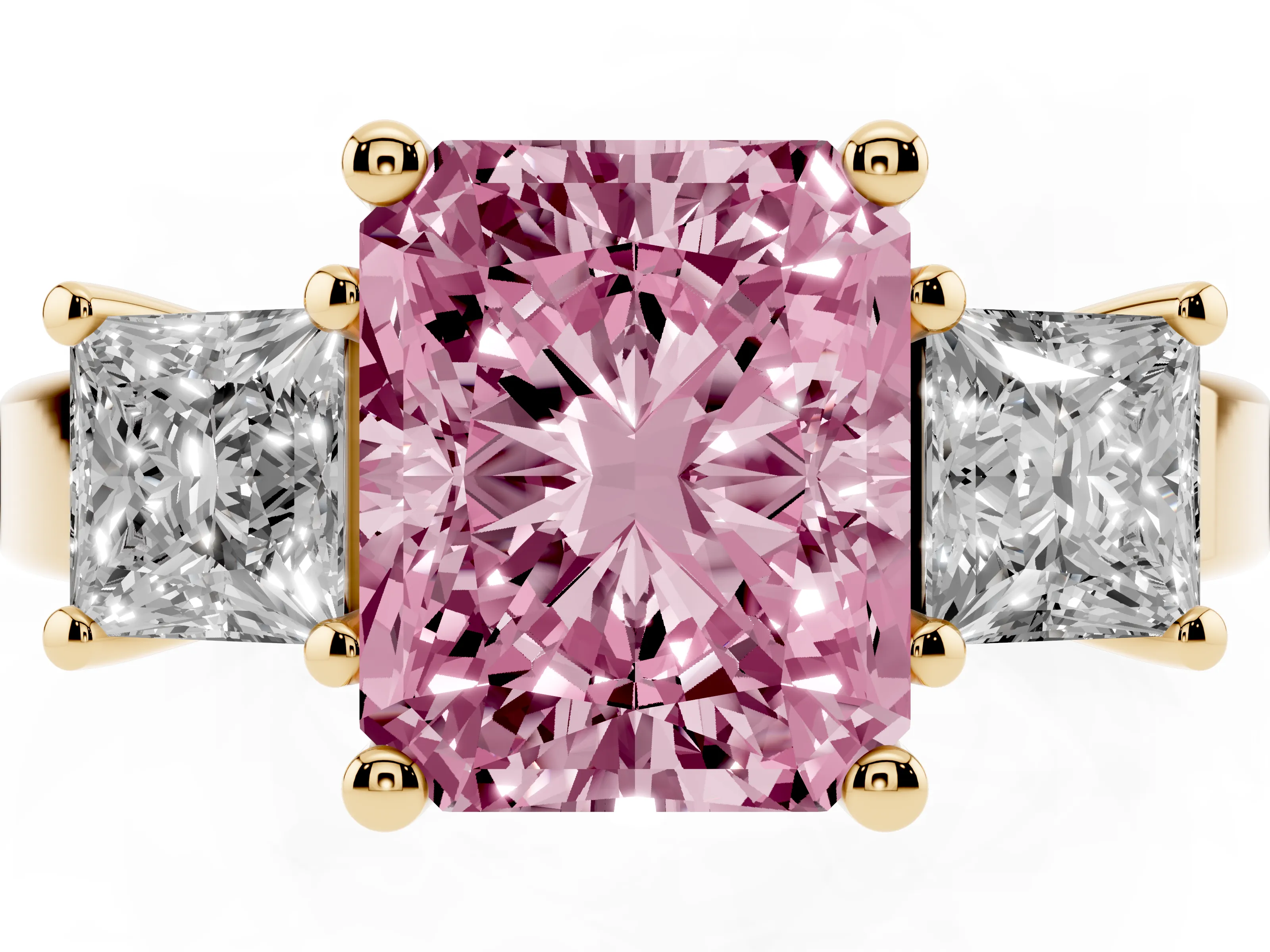 Fancy Pink Three-Stone Radiant Cut Diamond Solitaire Ring Set in Yellow gold with Prong Setting