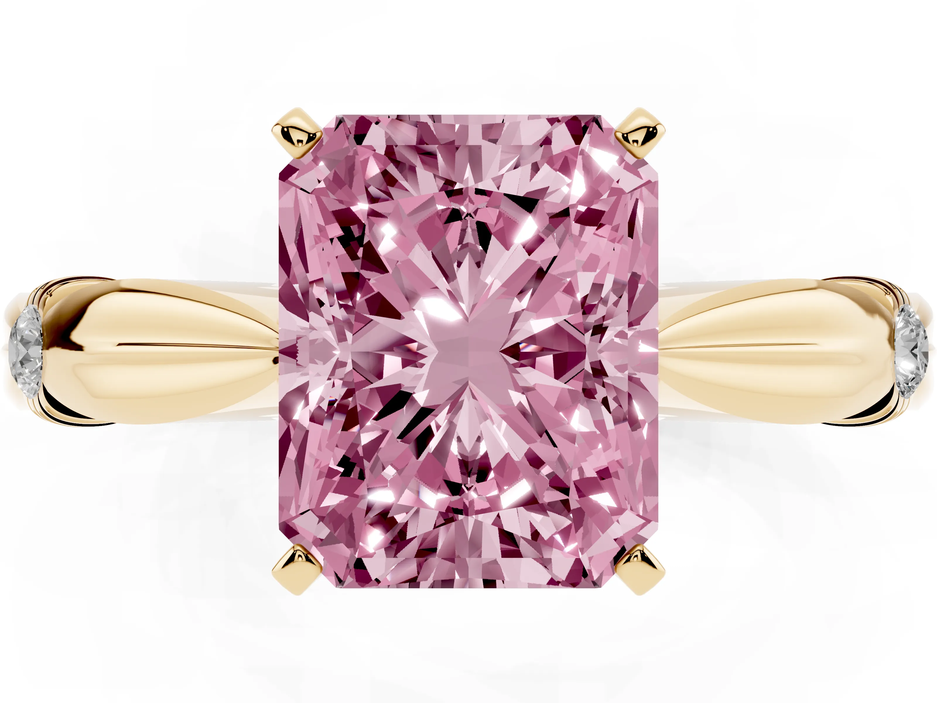 Fancy Pink Radiant Cut Diamond Solitaire Twisted Band Ring Set in Yellow gold with Accent Stones and Prong Setting