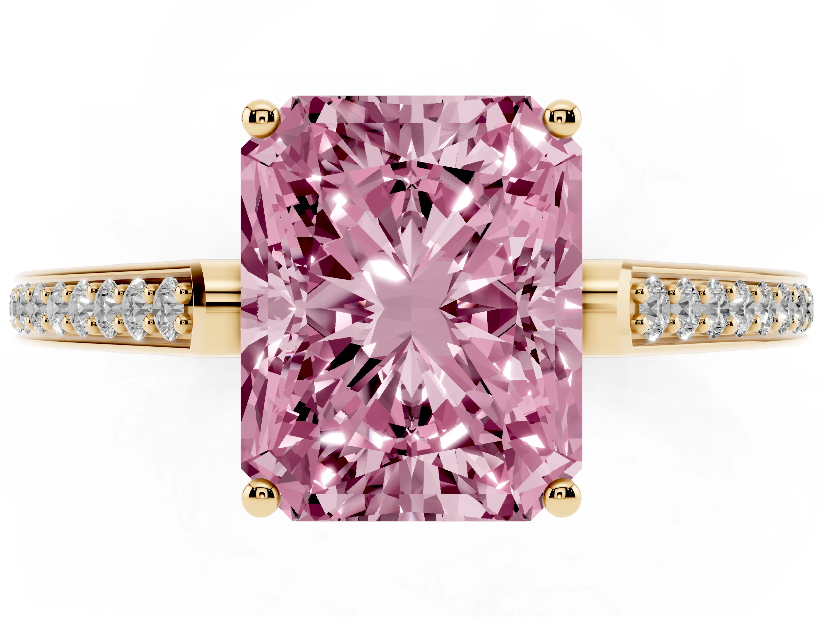 Fancy Pink Radiant Cut Diamond Cathedral Pavé Engagement Ring Set in Yellow gold with Prong Setting