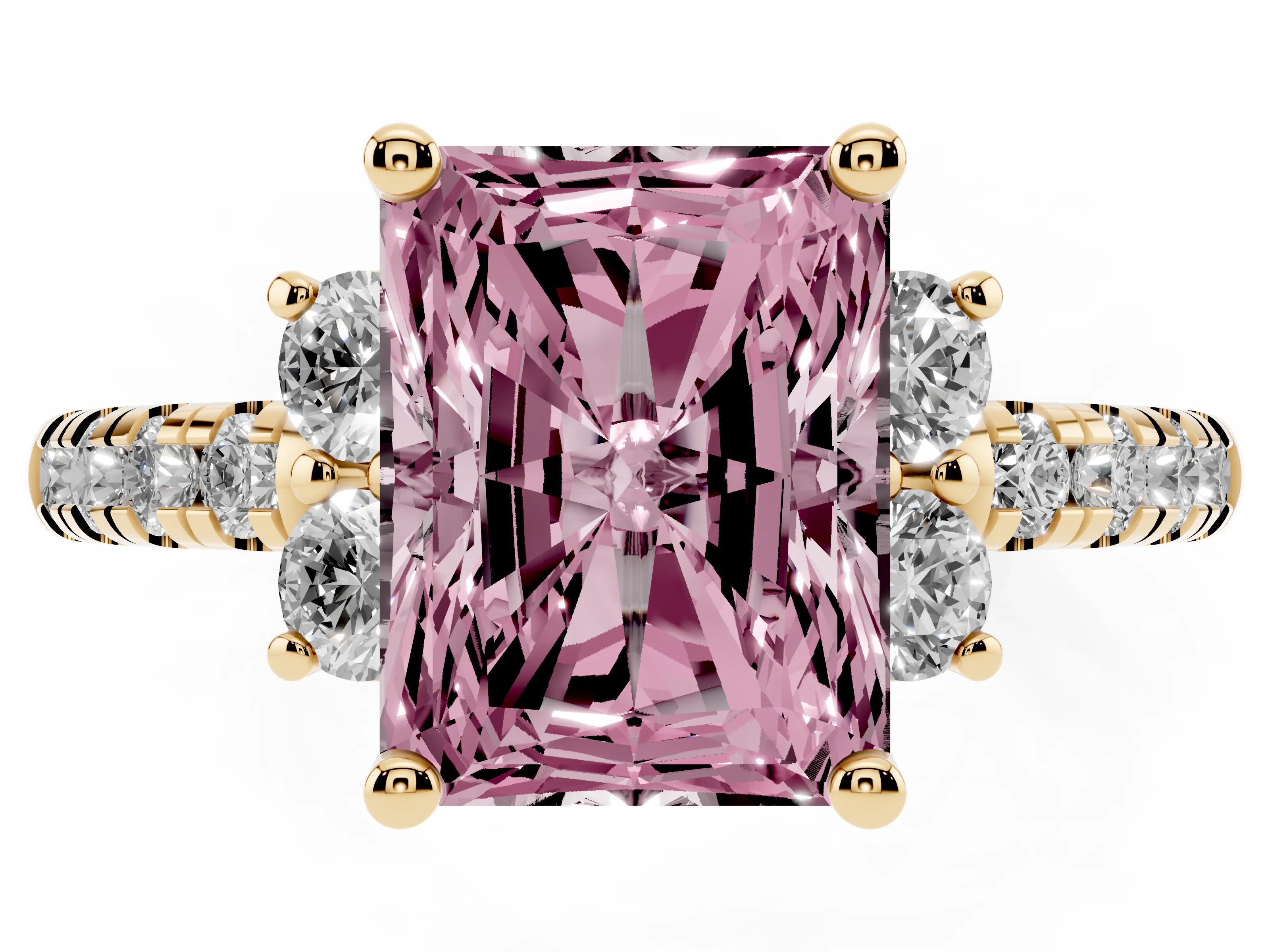 Fancy Pink Radiant Cut Diamond Three-Stone Pavé Ring Set in Yellow gold with Prong Setting
