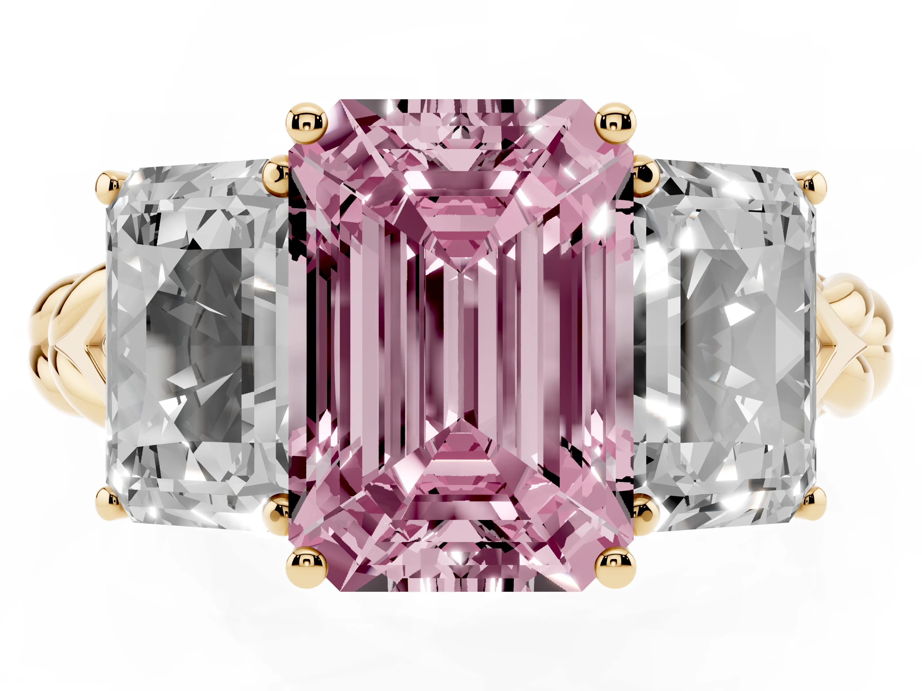 Fancy Pink Radiant Cut Diamond Three-Stone Ring Set in Yellow gold with Braided Band