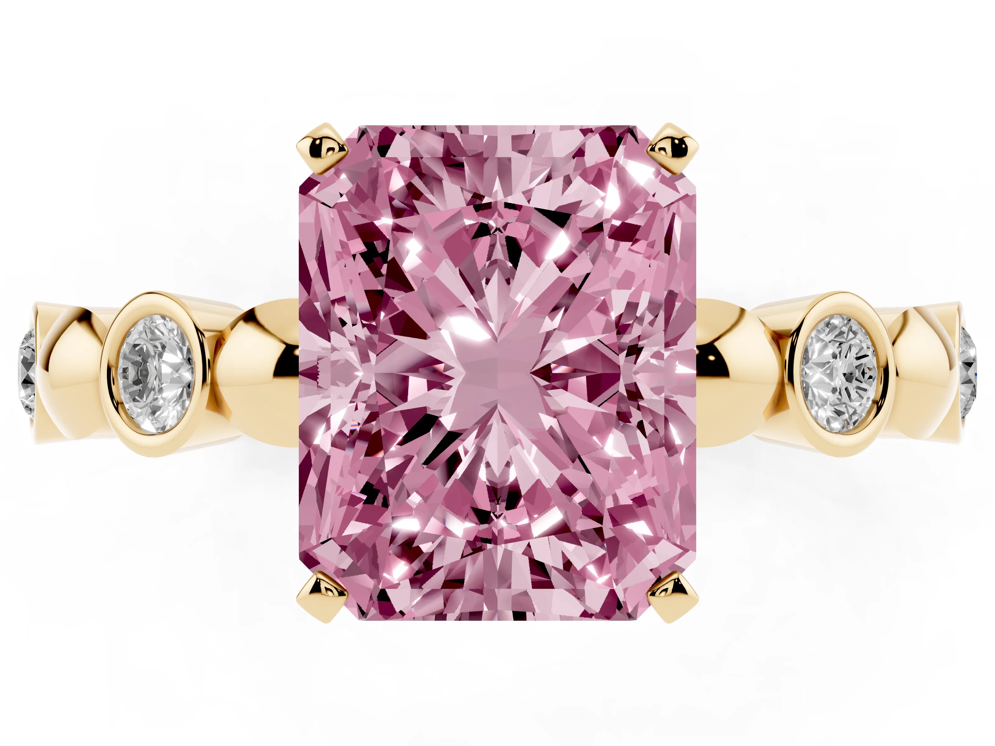 Fancy Pink Radiant Cut Diamond Solitaire Ring Set in Yellow gold with Bezel-Set Accents on Beaded Band and Prong Setting