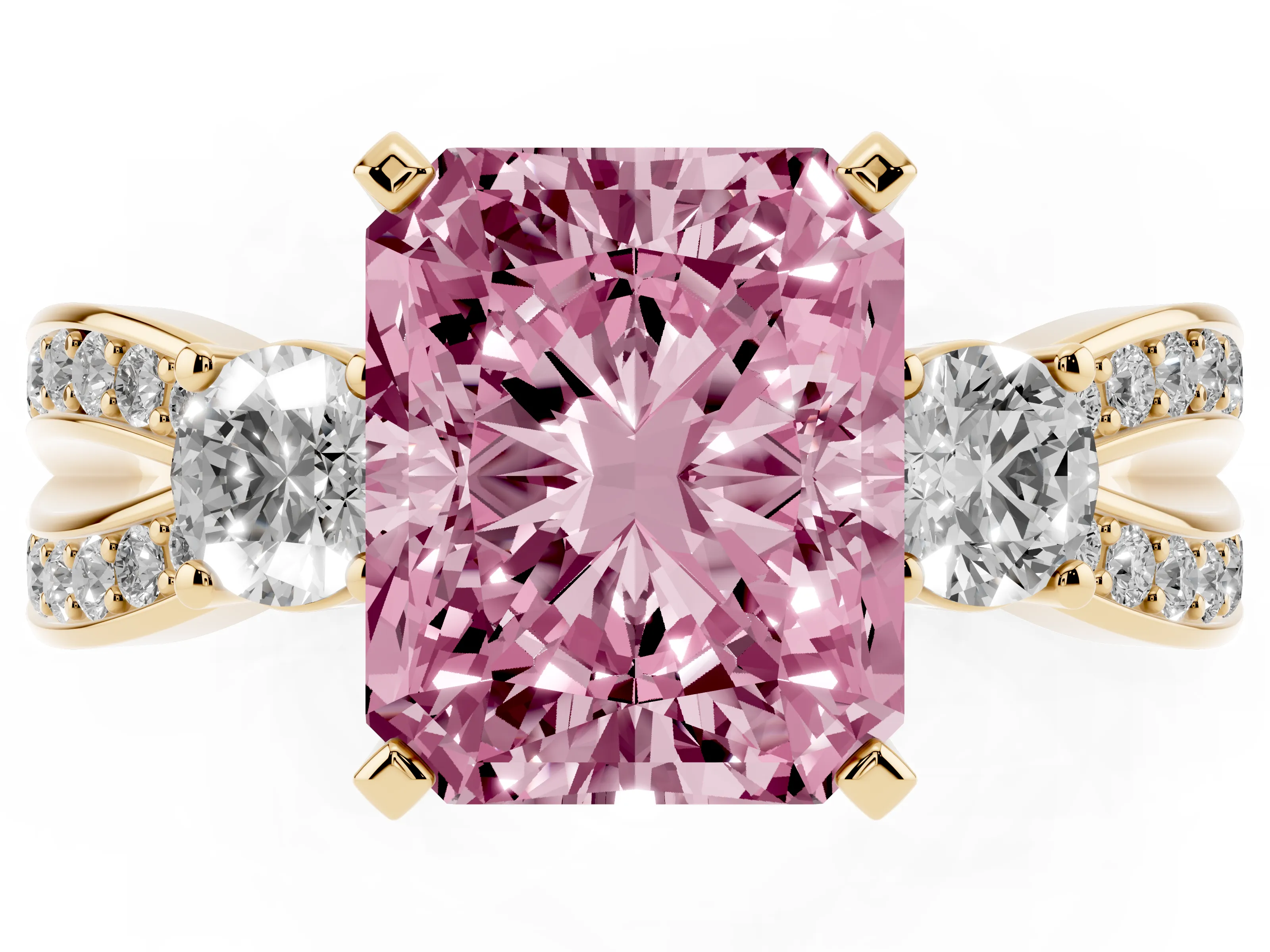 Fancy Pink Three-Stone Radiant Cut Diamond Twist Band Ring Set in Yellow gold with Pavé Accents and Prong Setting