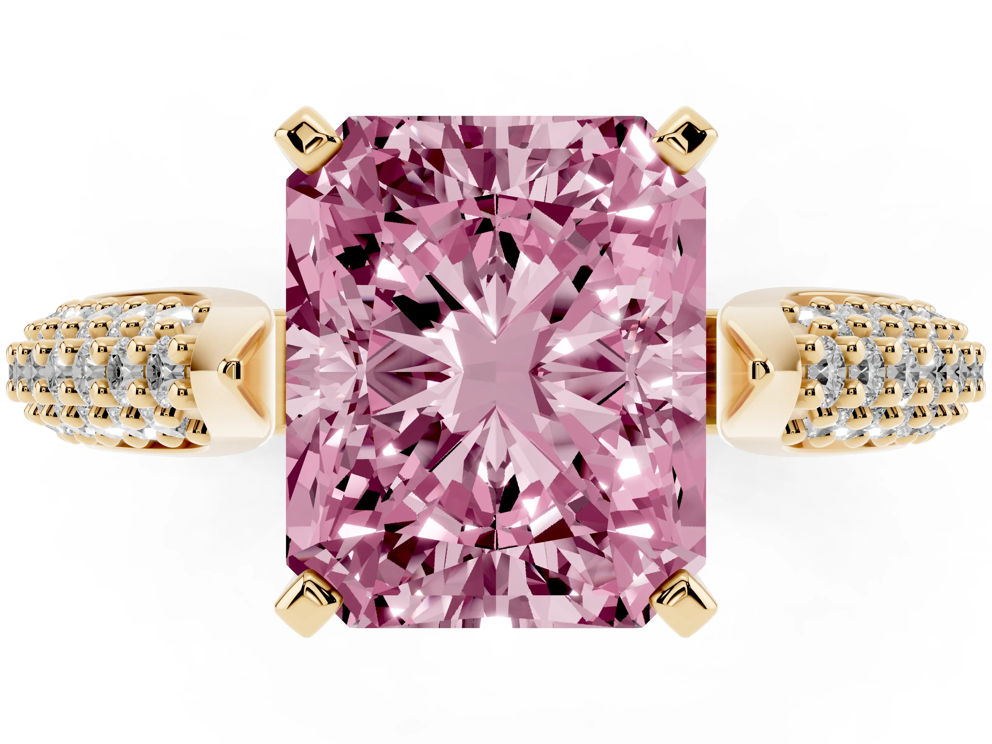 Fancy Pink Radiant Cut Diamond Solitaire Engagement Ring Set in Yellow gold with Multi-Row Round Pavé Band and Prong Setting