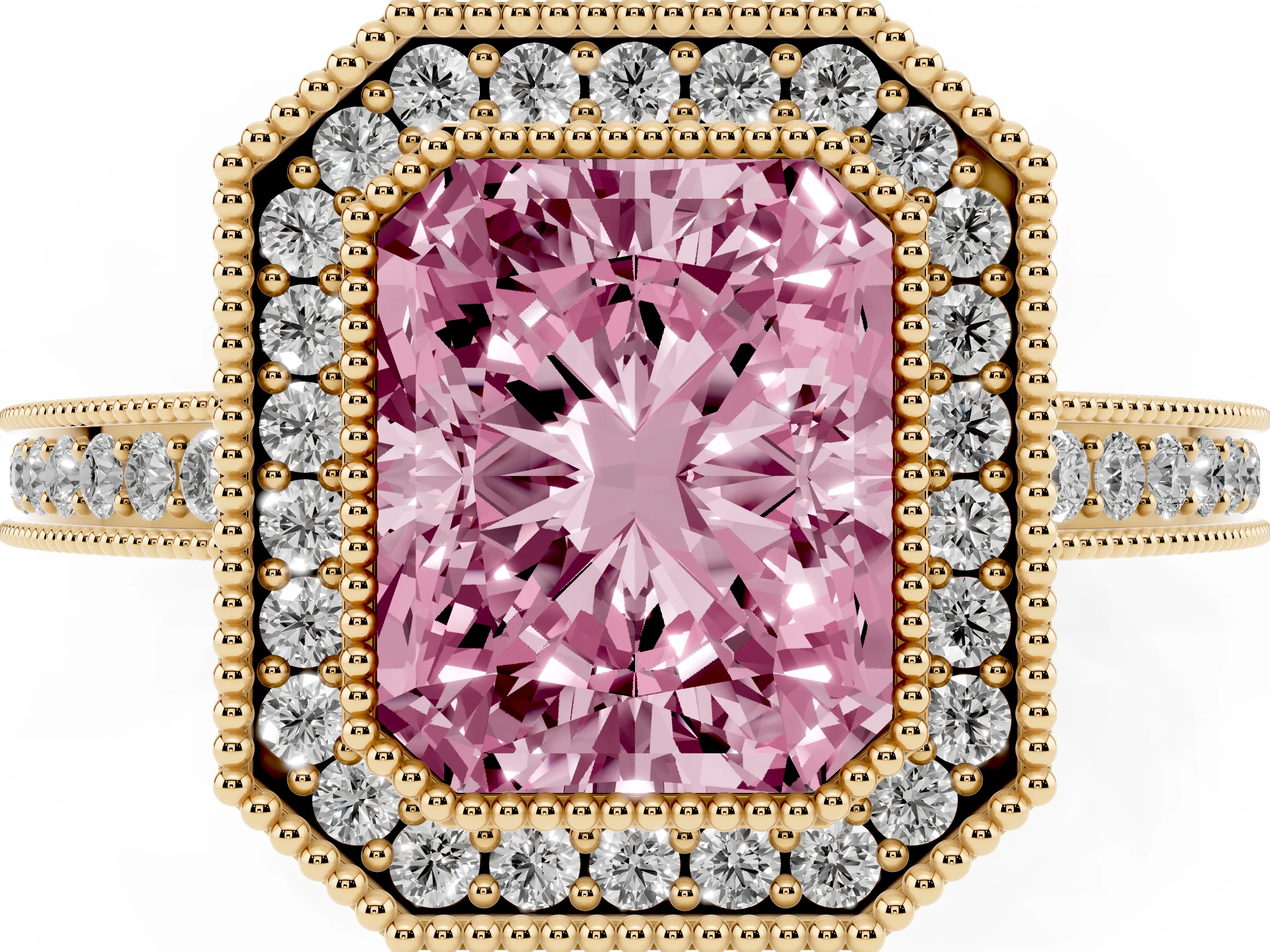 Fancy Pink Radiant Cut Diamond Halo Ring Set in Yellow gold with Pavé Band and Milgrain-Edged Prongs