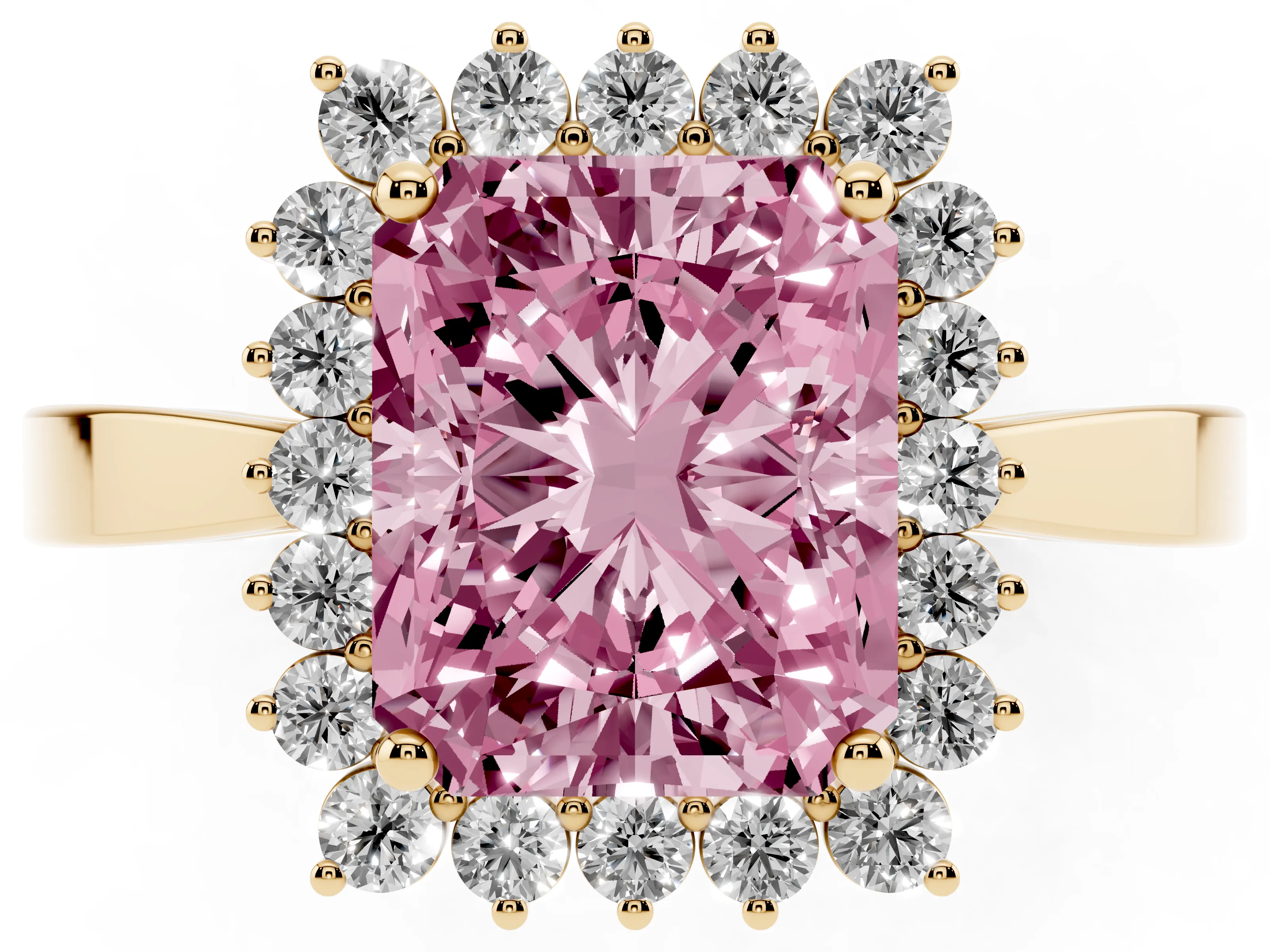 Fancy Pink Radiant Cut Diamond Halo Ring Set in Yellow gold with Round Halo and Smooth Solitaire Band