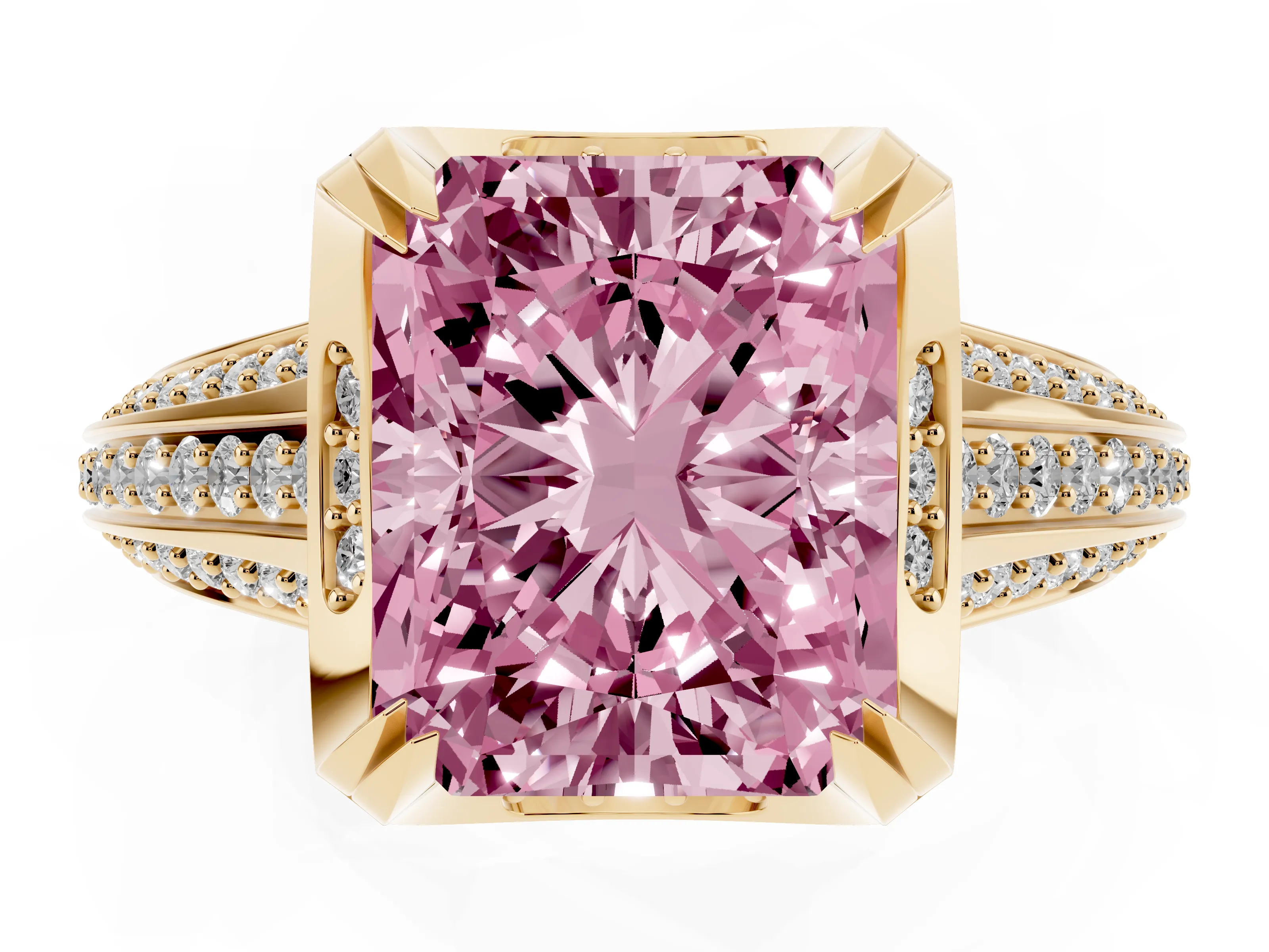 Fancy Pink Radiant Cut Diamond Pavé Split Shank Solitaire Ring Set in Yellow gold with Prong Setting