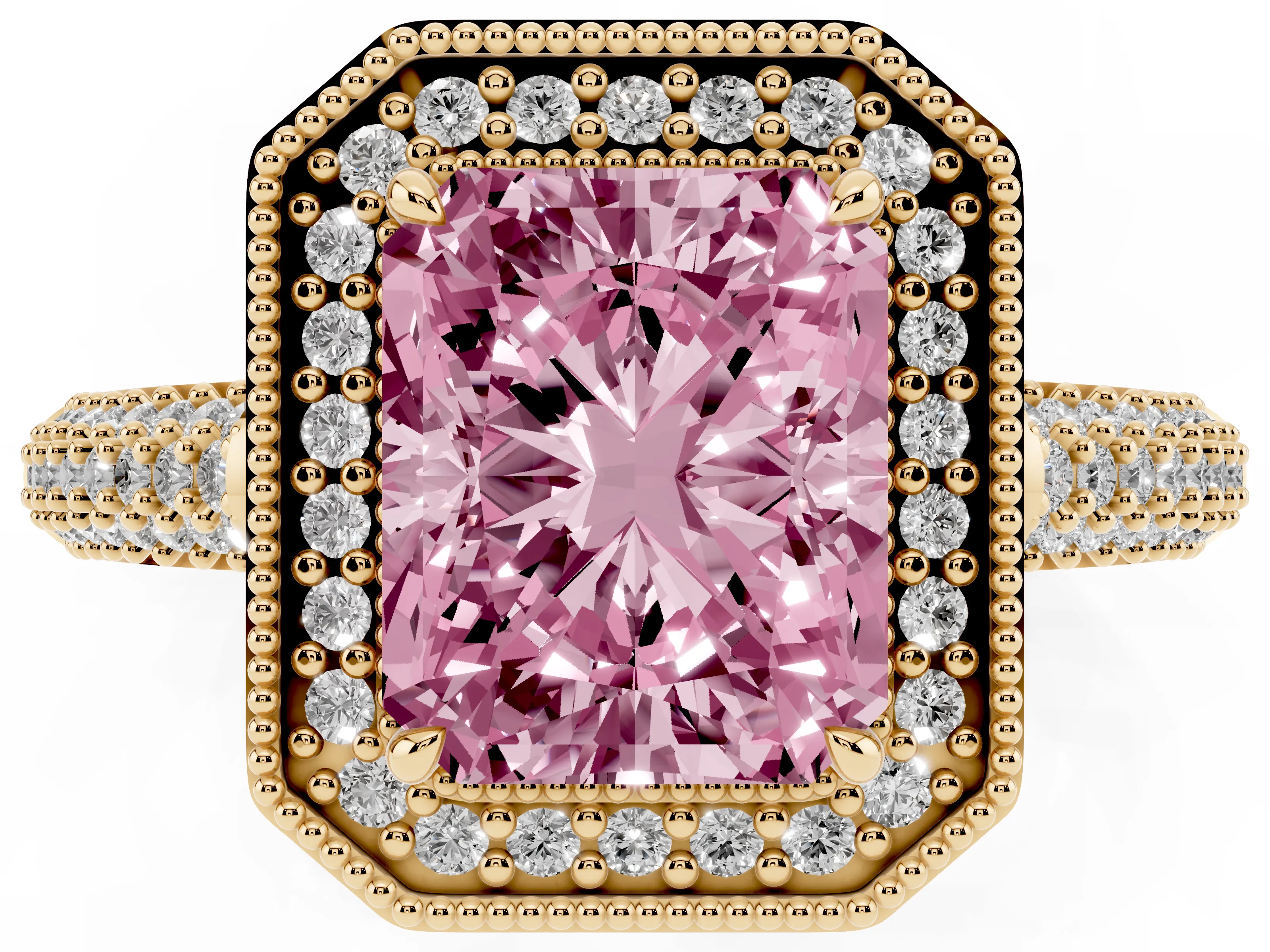 Fancy Pink Radiant Cut Diamond Halo Pavé Band Set in Yellow gold with Prong Setting