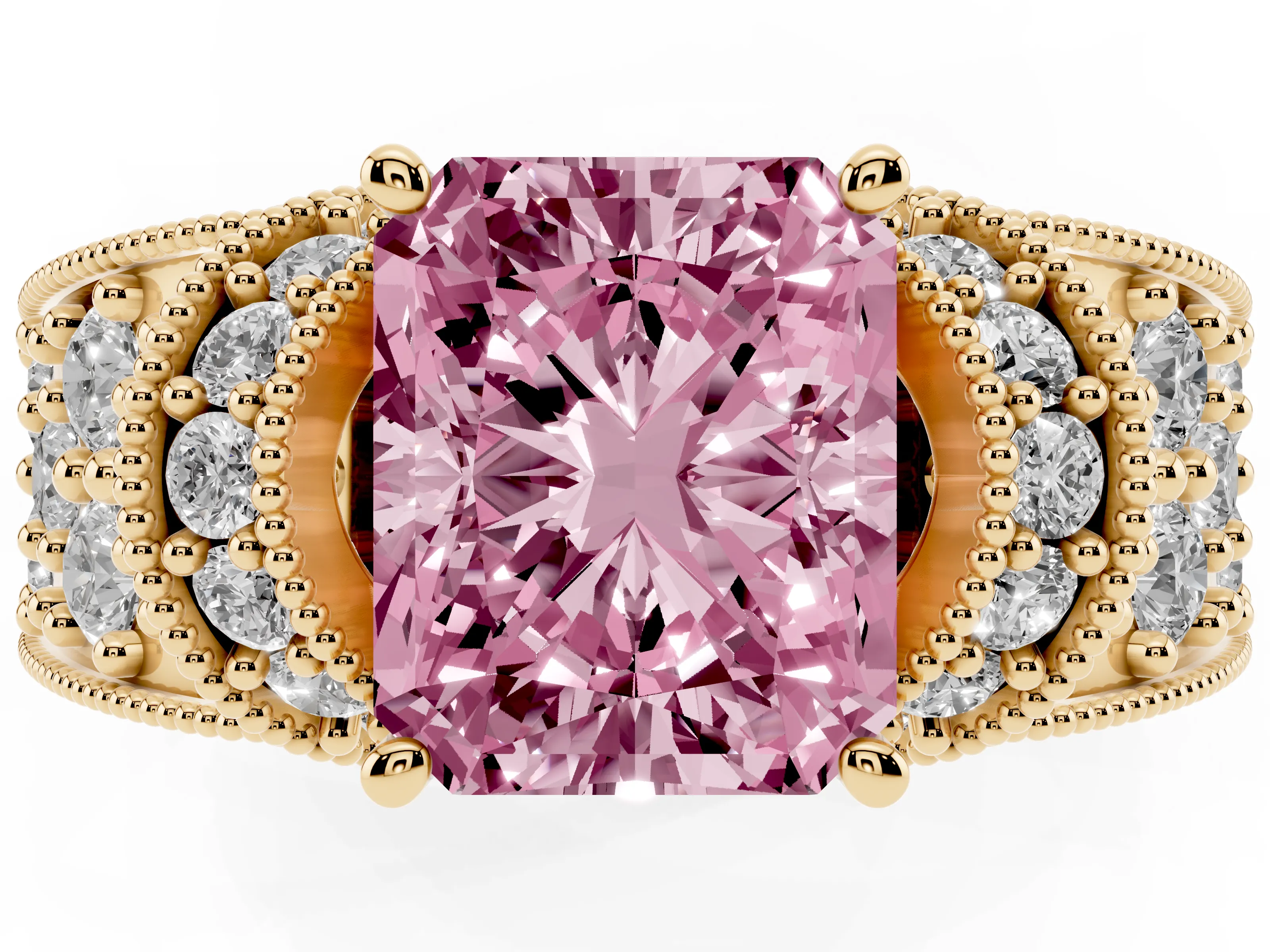 Fancy Pink Radiant Cut Diamond Milgrain Halo Pavé Engagement Ring Set in Yellow gold with Prong Setting