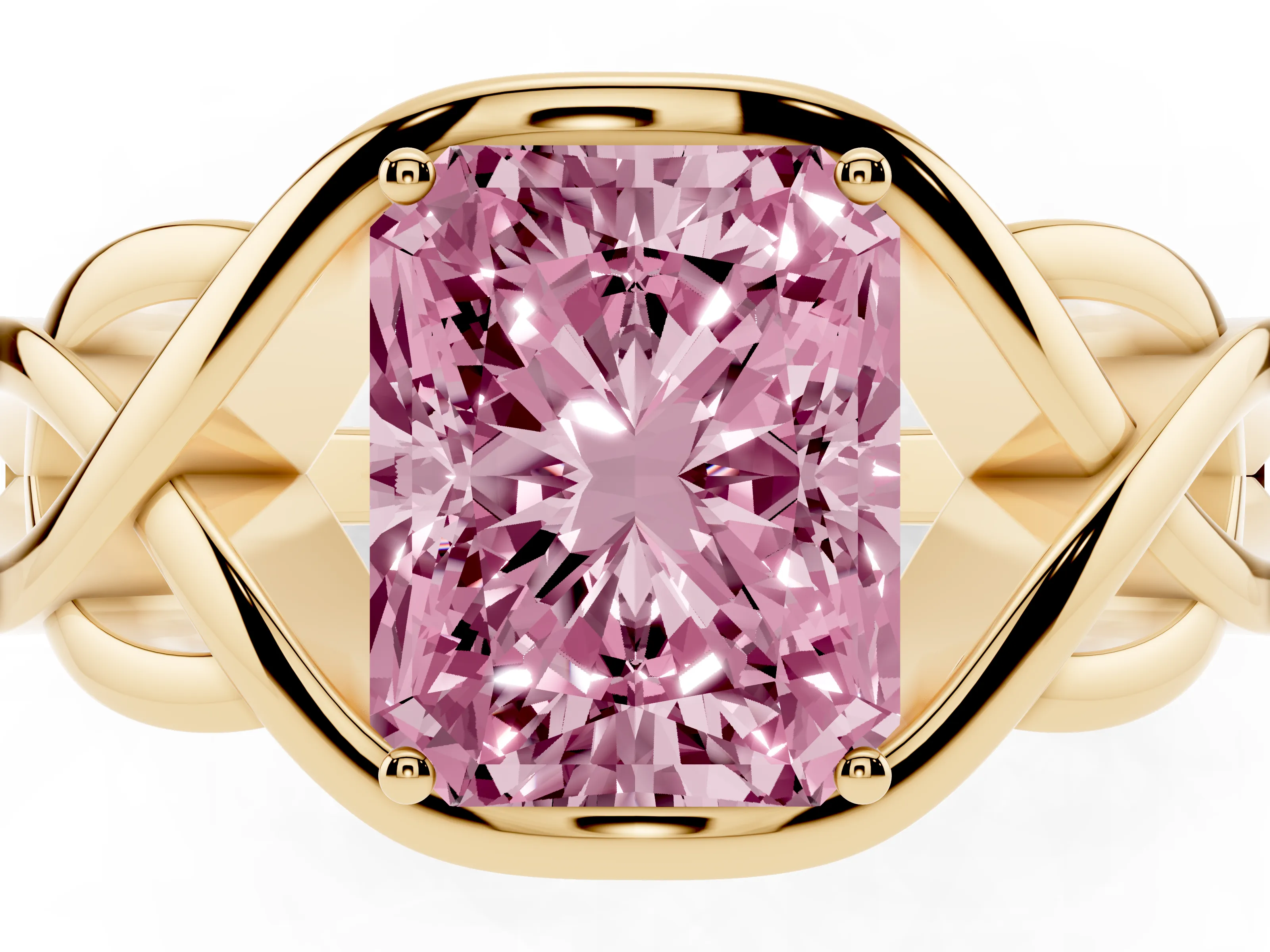Fancy Pink Radiant Cut Diamond Solitaire Ring Set in Yellow gold with Intertwined Band