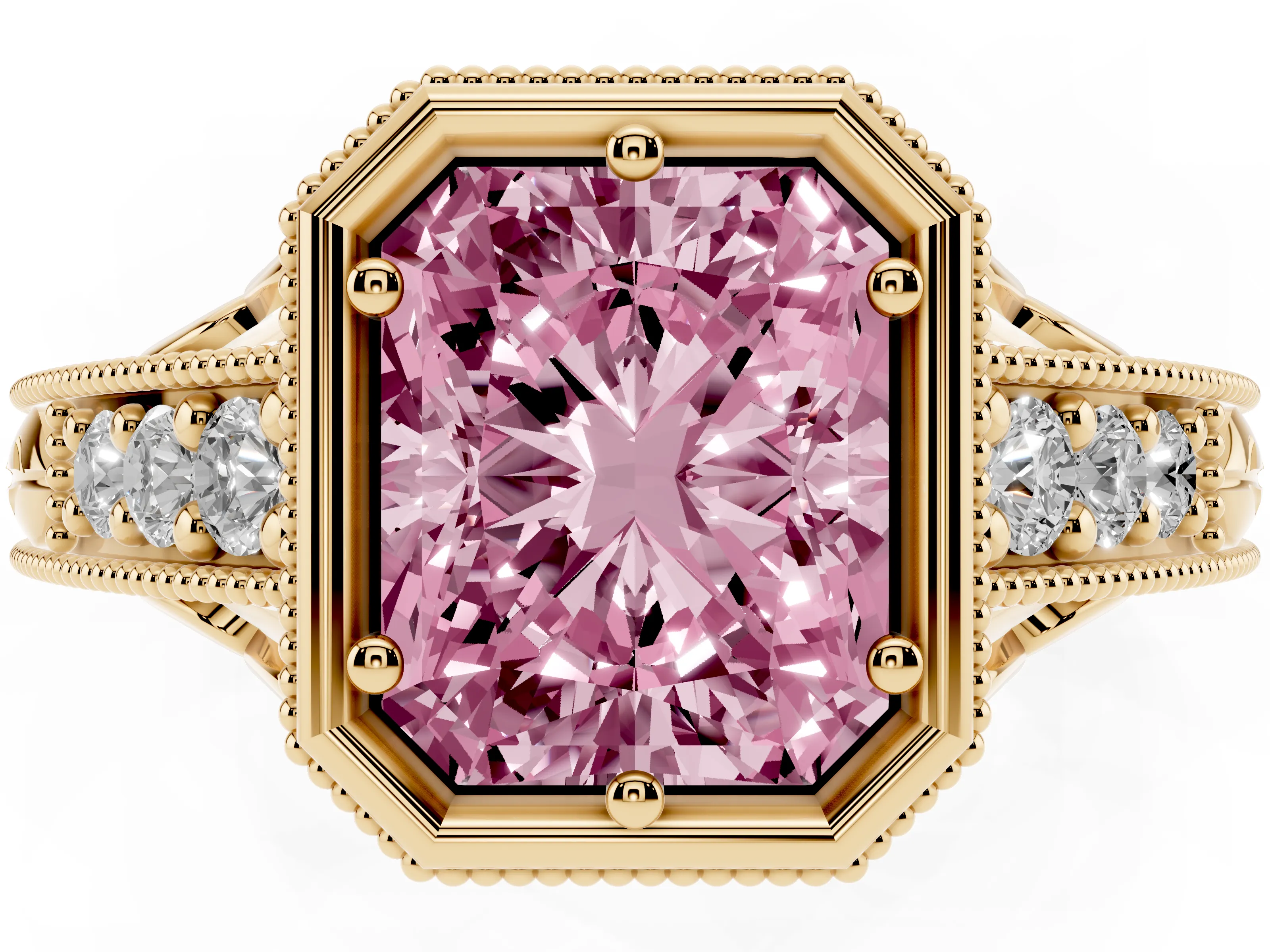 Fancy Pink Bezel Set Radiant Cut Diamond Milgrain Pavé Engagement Ring Set in Yellow gold