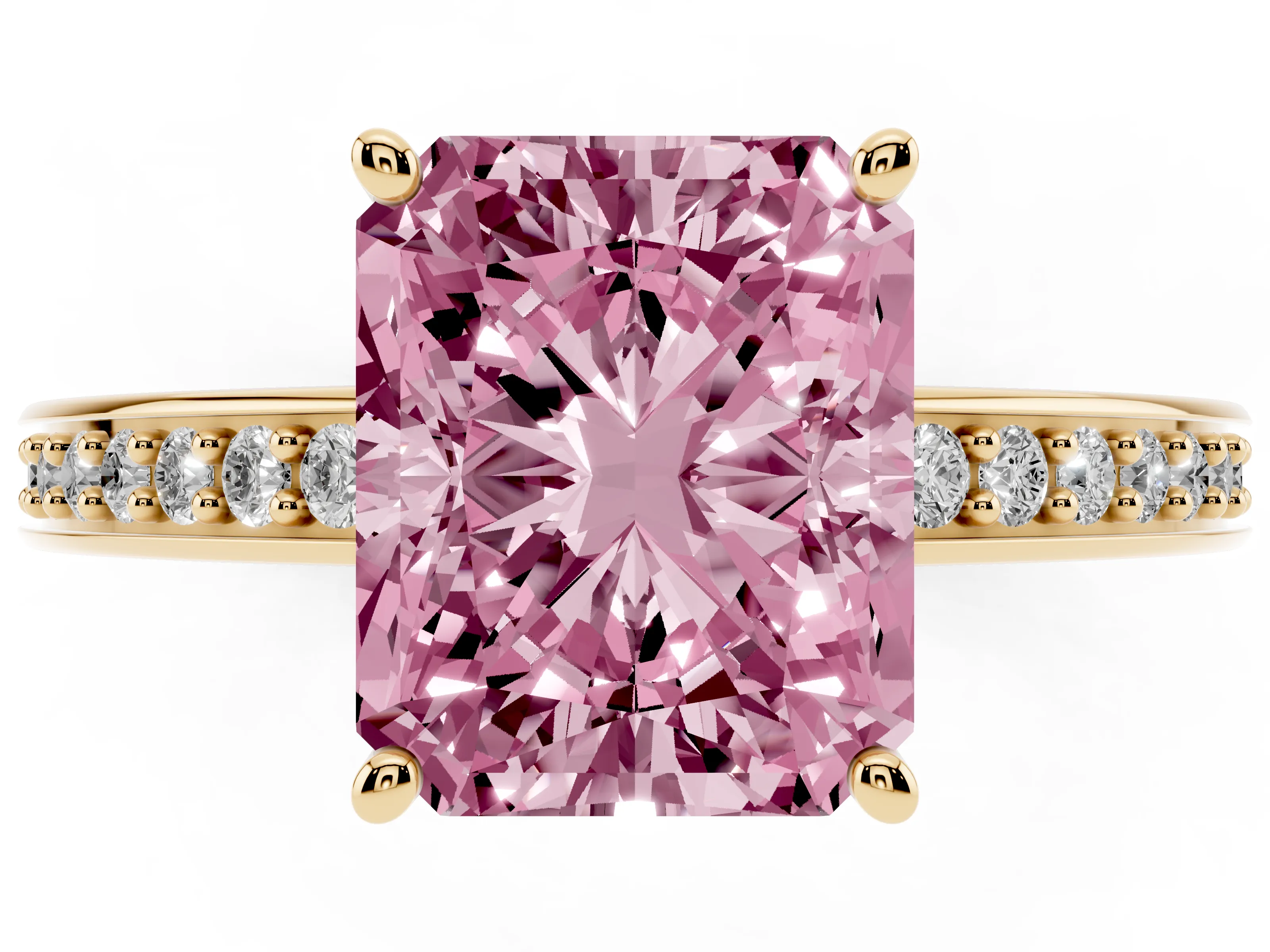 Fancy Pink Radiant Cut Diamond Pavé Band Prong Set Solitaire Ring Set in Yellow gold