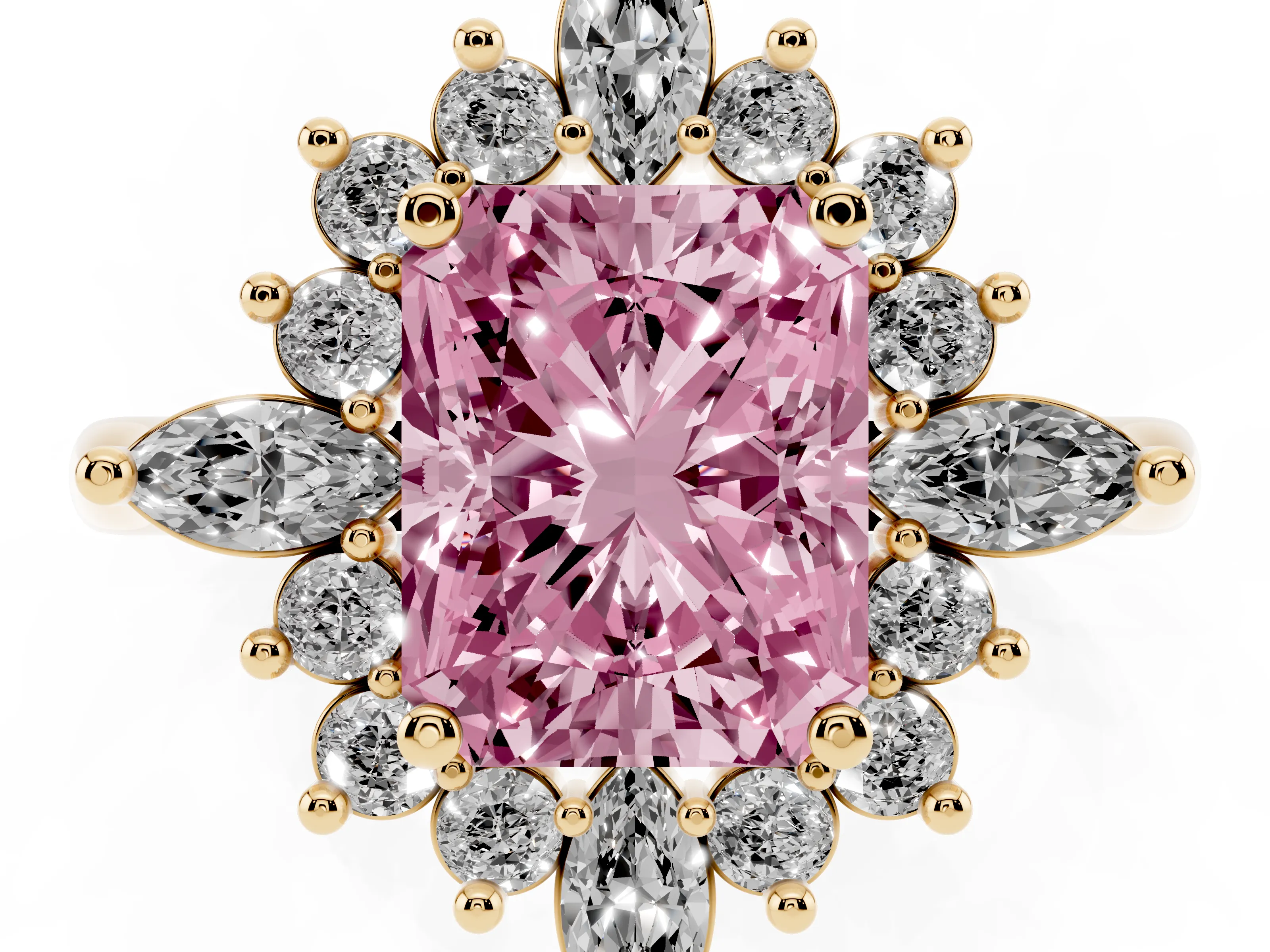 Fancy Pink Radiant Cut Diamond Cluster Halo Ring Set in Yellow gold with Marquise and Round Accents
