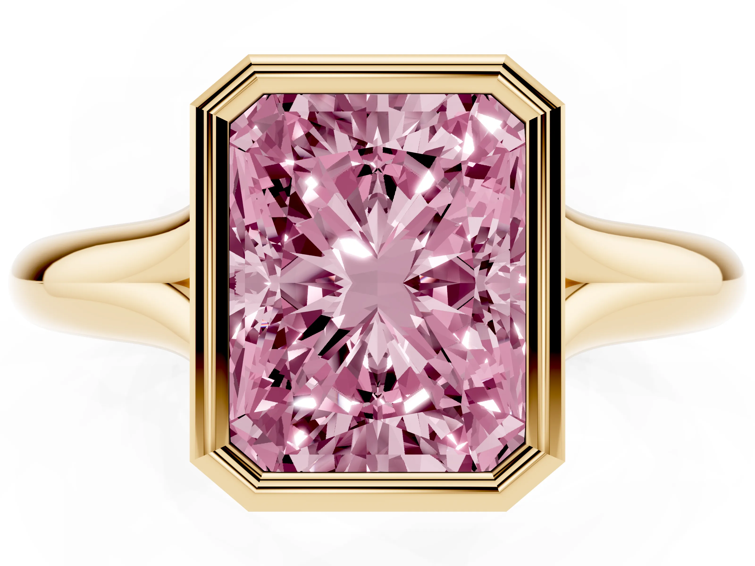 Fancy Pink Bezel Set Radiant Cut Diamond Solitaire Ring Set in Yellow gold with Smooth Band