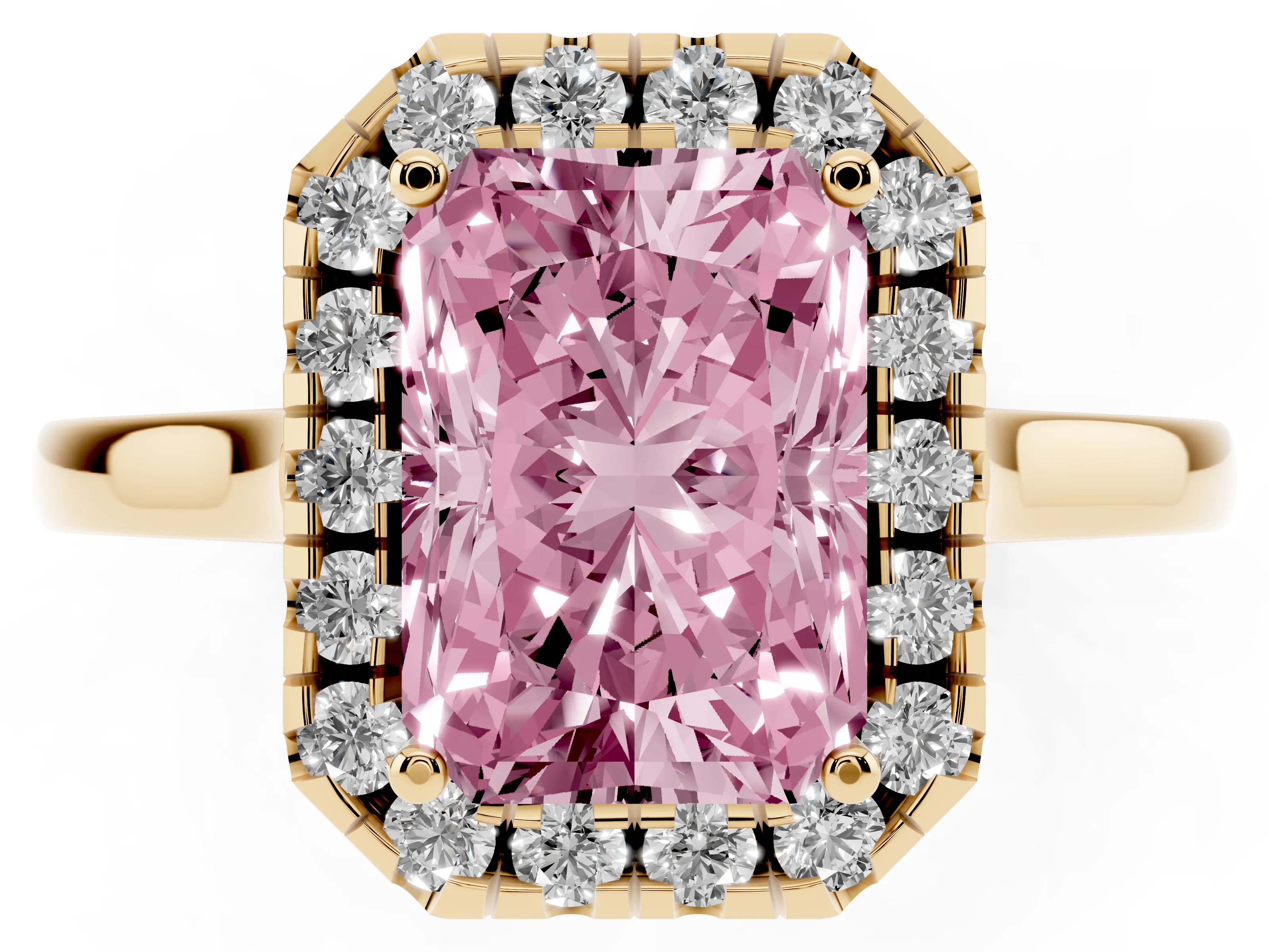 Fancy Pink Radiant Cut Halo Round Diamond Solitaire Ring Set in Yellow gold with Pavé Band and Prong Setting