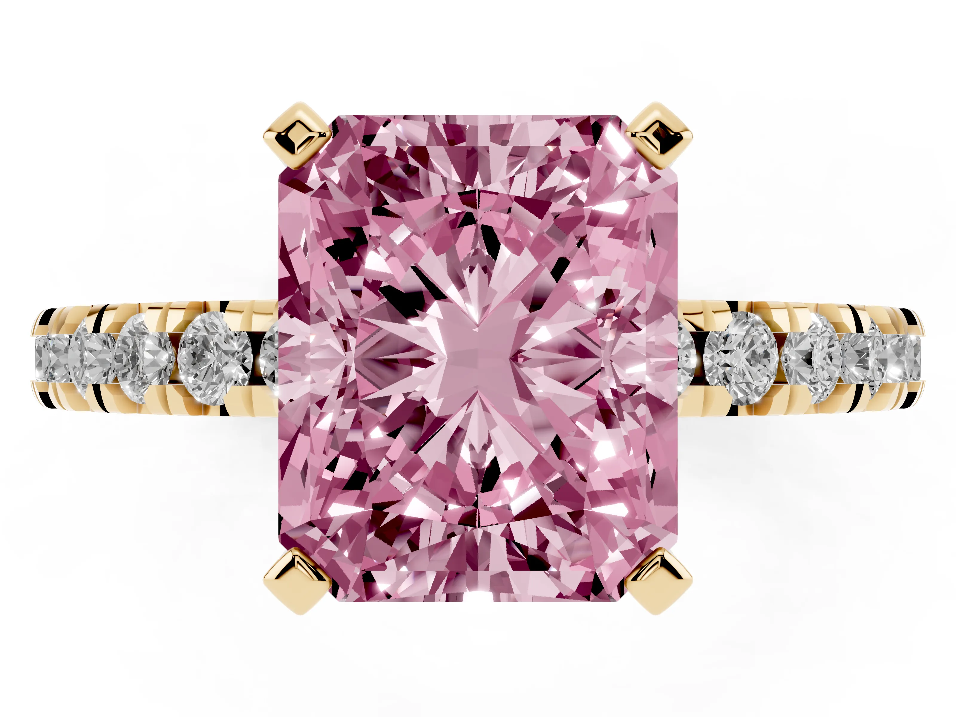 Fancy Pink Radiant Cut Diamond Pavé Band Solitaire Set in Yellow gold with Prong Setting