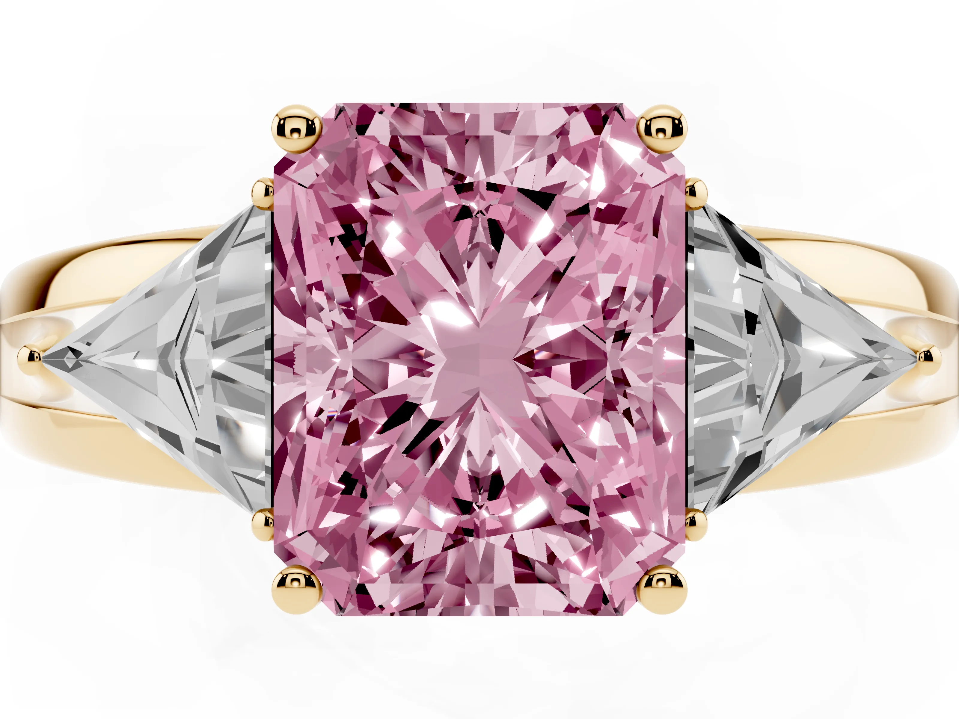 Fancy Pink Radiant Cut Diamond Three-Stone Ring Set in Yellow gold with Trillion Side Stones and Split Shank